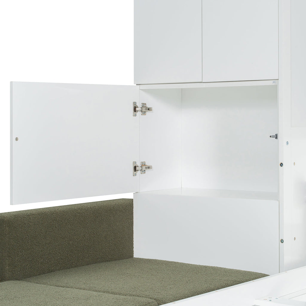 Queen Size Murphy Bed Wall Bed with Sofa and Shelves,White Panel, Green Sofa