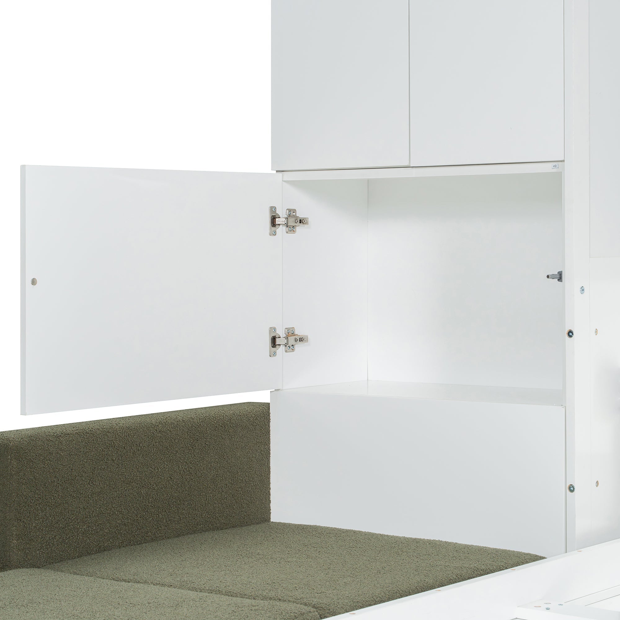 Queen Size Murphy Bed Wall Bed with Sofa and Shelves,White Panel, Green Sofa