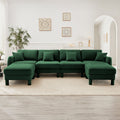 Boucle Fabric U Shape Sectional 4-seater Sofa Couch With Distinctive Shell-shaped Armrests And 2 Movable Ottomans,Cylindrical Legs Wrapped with Self-fabric,Green Color