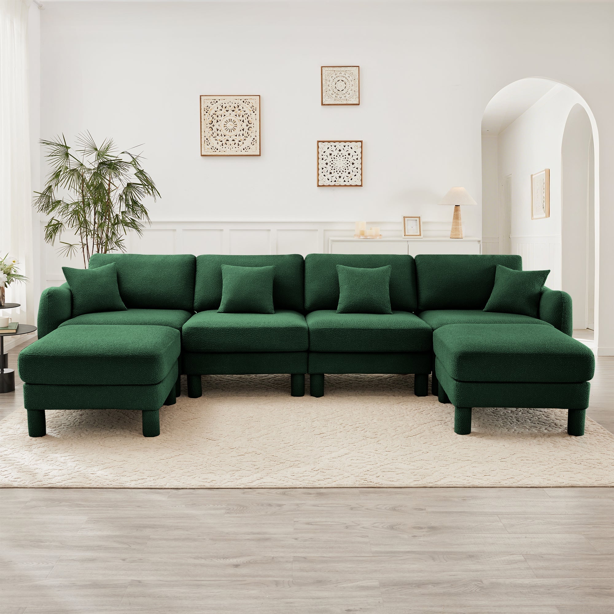 Boucle Fabric U Shape Sectional 4-seater Sofa Couch With Distinctive Shell-shaped Armrests And 2 Movable Ottomans,Cylindrical Legs Wrapped with Self-fabric,Green Color