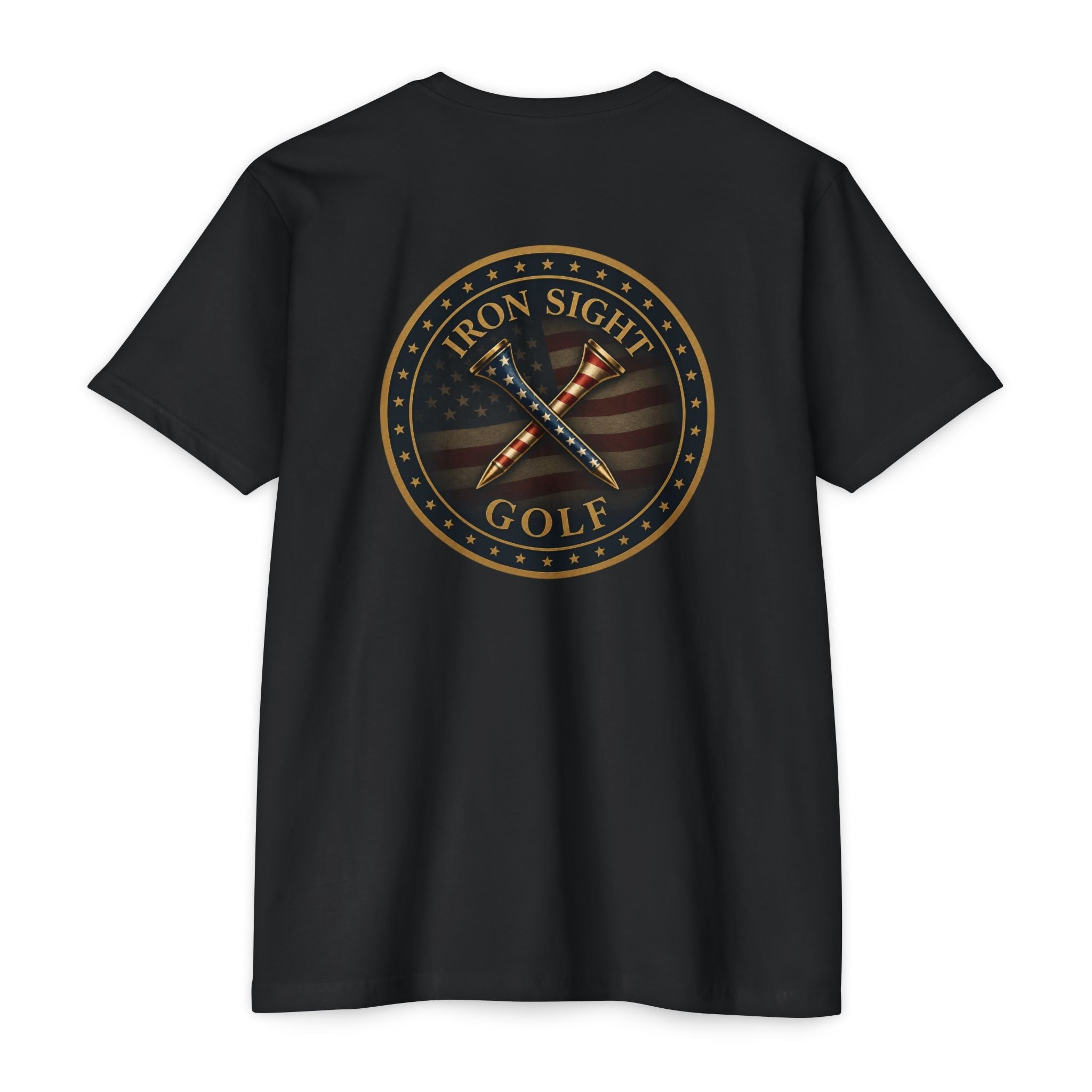 Iron Sight Golf T‑Shirt — American Flag Crossed Clubs Logo