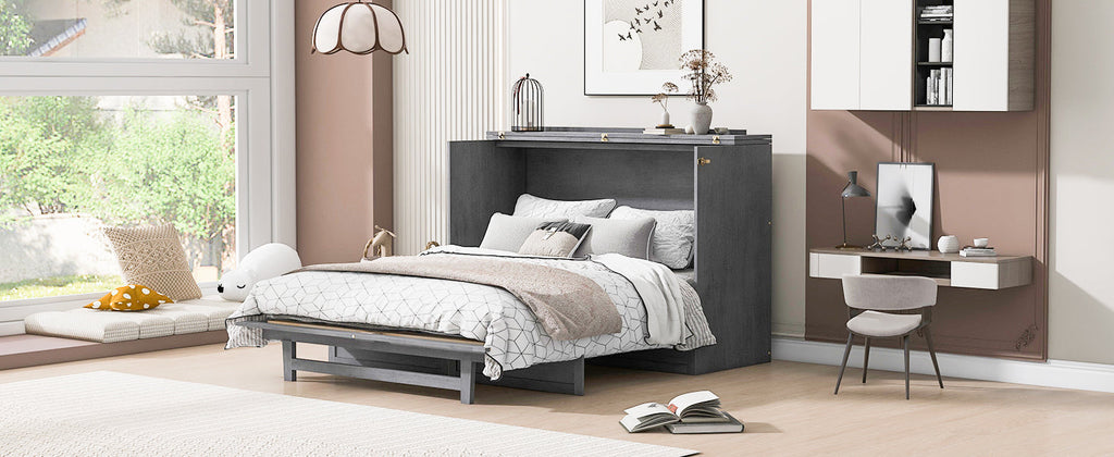 Queen Size Murphy Bed with Large Drawers & USB Ports,Brushed Gray