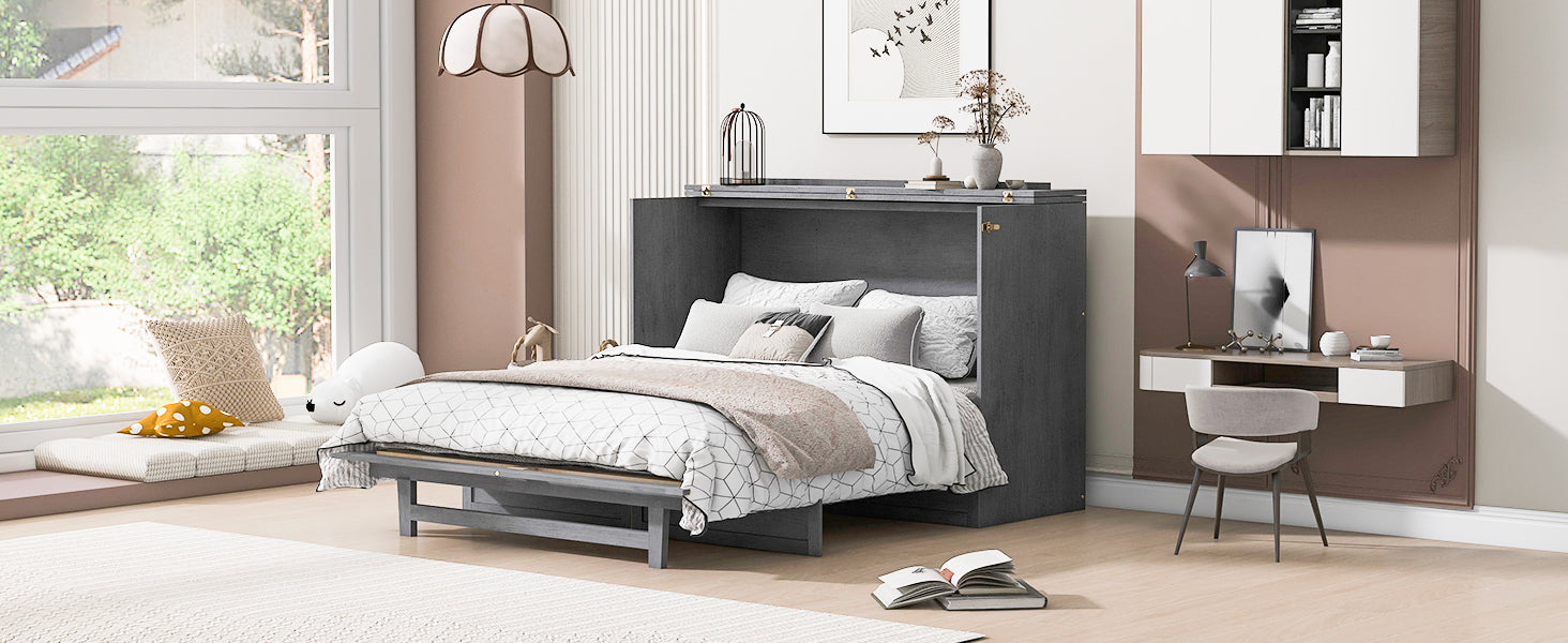 Queen Size Murphy Bed with Large Drawers & USB Ports,Brushed Gray