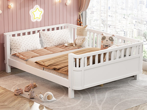 Full Size Wood Platform Bed for Kids, Wood Low Profile Full Bed with Rails for Girls and Boys, White (Patented Design, Old SKU W2593P233767)