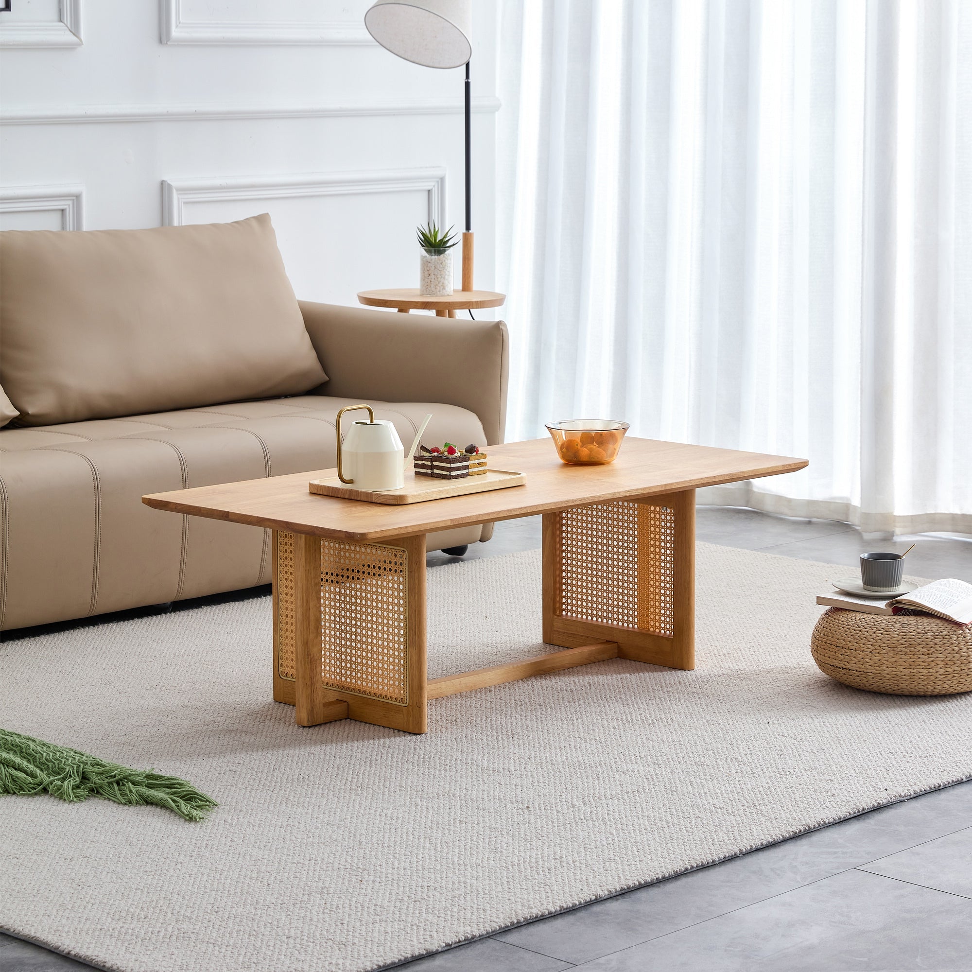 Natural rubber wood and solid wood coffee table  Modern minimalist rattan weaving design, living room balcony, multifunctional small-sized furniture