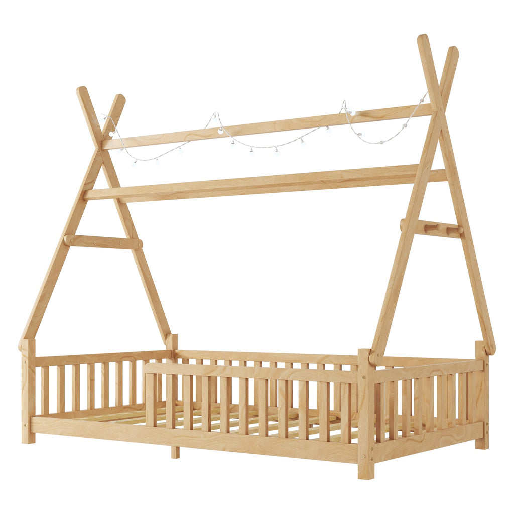 Twin House Bed with Light, Low Floor House Bed with Fence and Roof for Kids Boys Girls,Natural(Expect arrive date 2025/7/20)