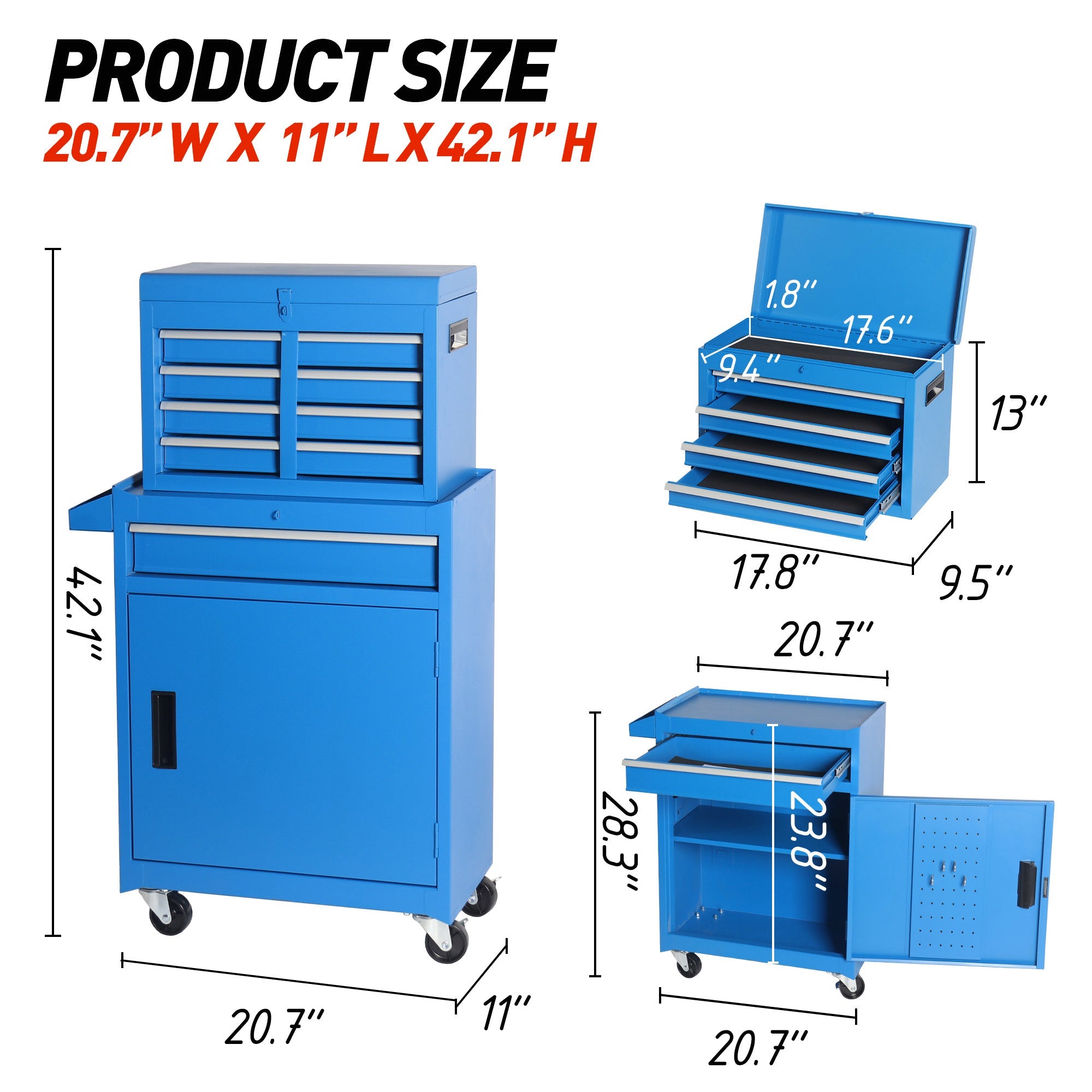 Tool Chest, 5-Drawer Rolling Tool Storage Cabinet with Detachable Top Tool Box, Liner, Universal Lockable Wheels, Adjustable Shelf, Locking Mechanism, Metal Tool Cart for Garage Workshop
