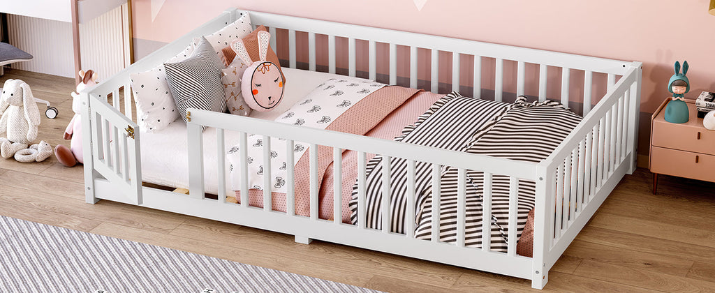 Full Size Bed Floor Bed with Safety Guardrails and Door for Kids, White(Old SKU: W1580P154625)