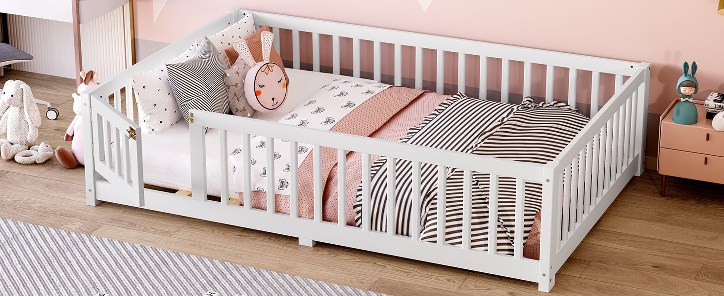 Full Size Bed Floor Bed with Safety Guardrails and Door for Kids, White(Old SKU: W1580P154625)