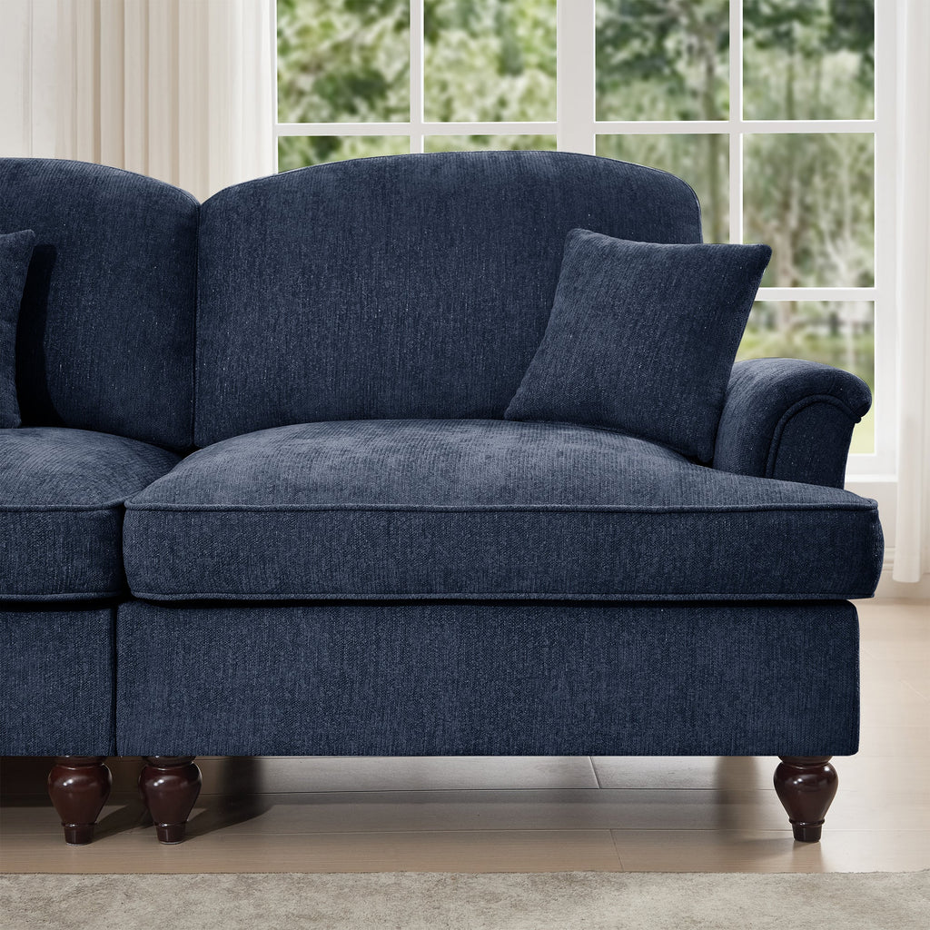 Mid Century Three Seater Modular L Shaped Sectional Couch with Flared Arms and Removable Ruffles Pleats Skirts and Spindle Legs, Comfy Chenille 3-Seat Deep Seat Sofa with Movable Ottoman,Blue
