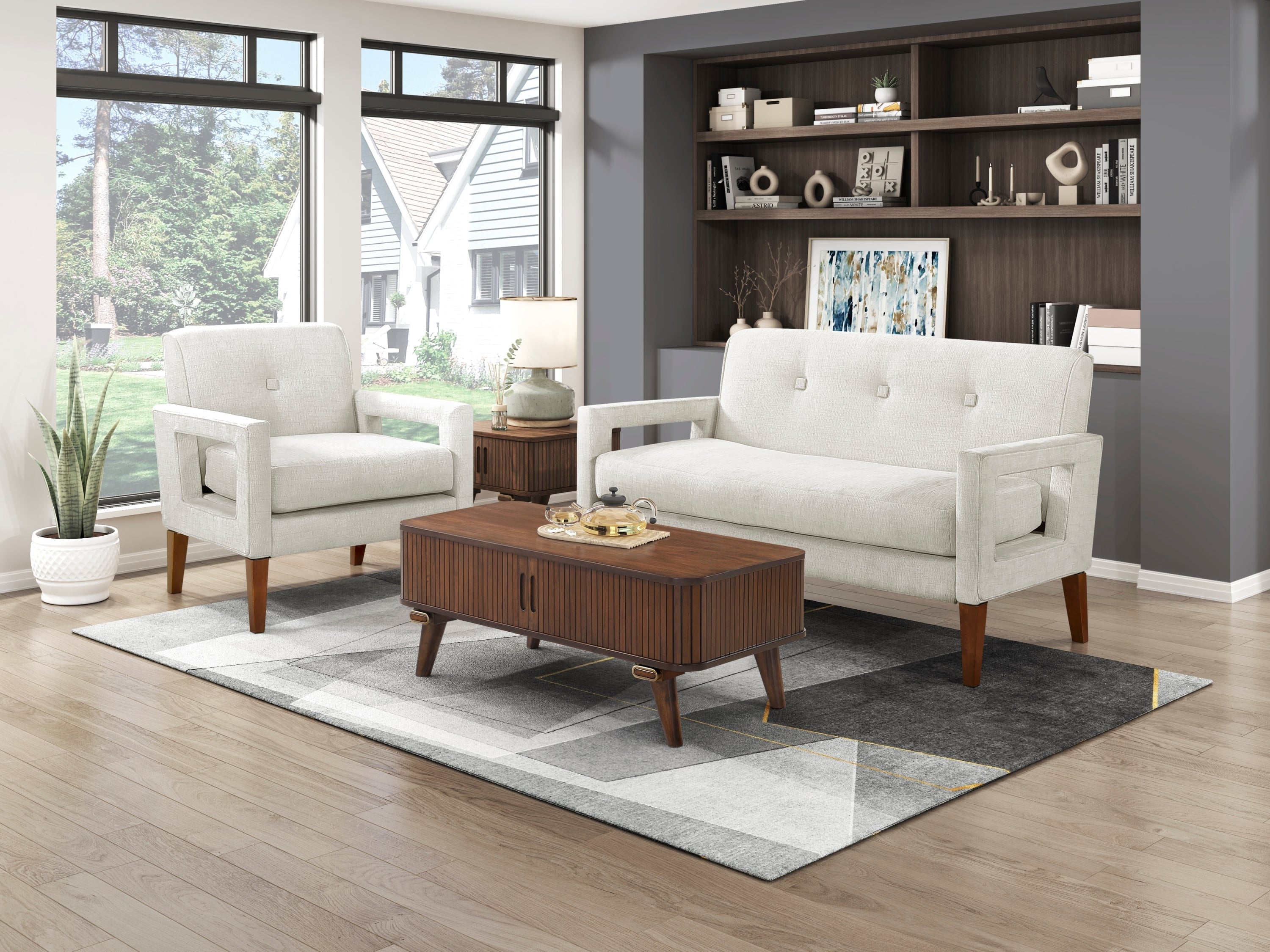 Modern Living Room Chair Beige Chenille Upholstery Pocket Coils Solid Wood Legs Furniture 1pc Armchair