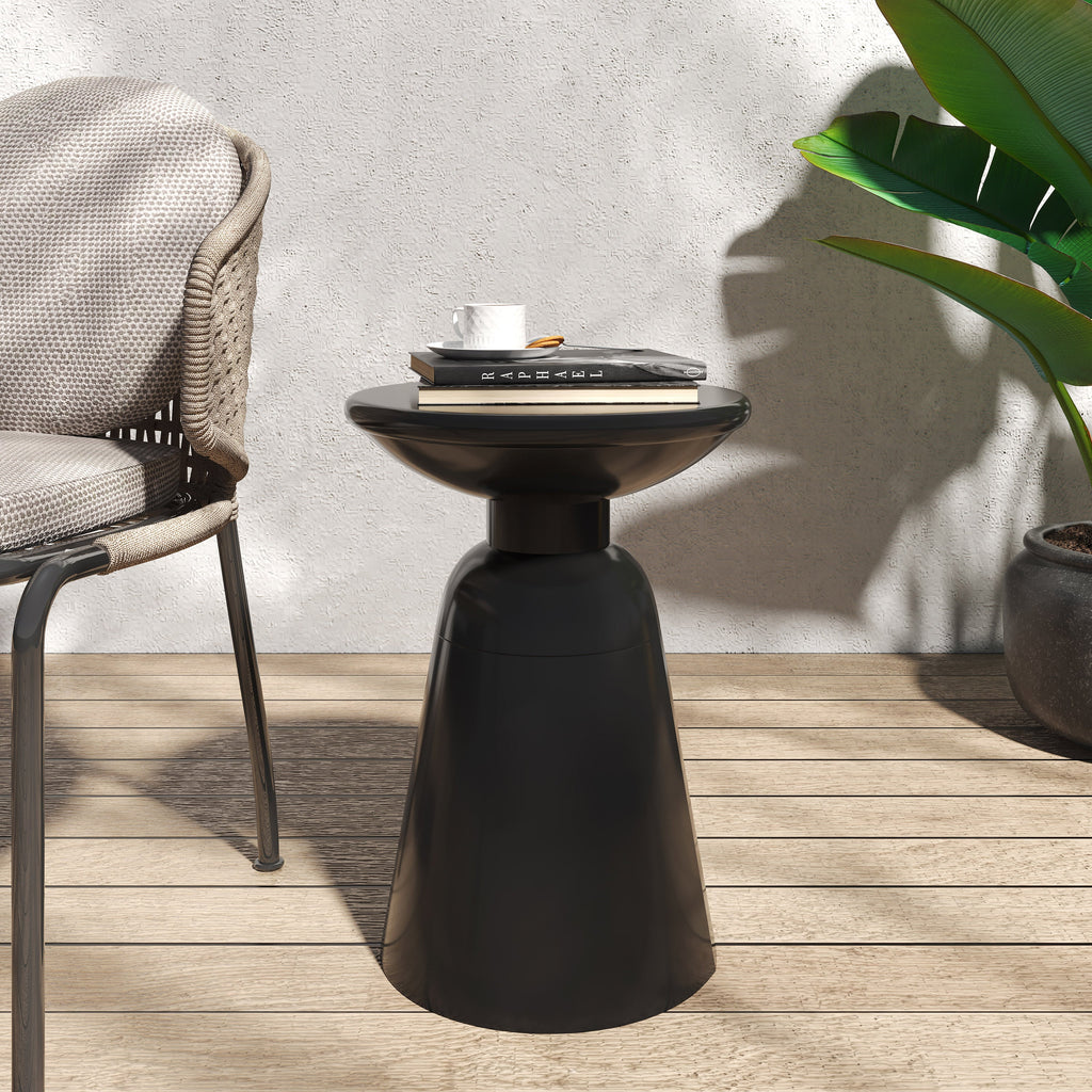 Modern Outdoor Metal End Table with Pedestal Structure in Black Iron, 15x15x20.75 Inches