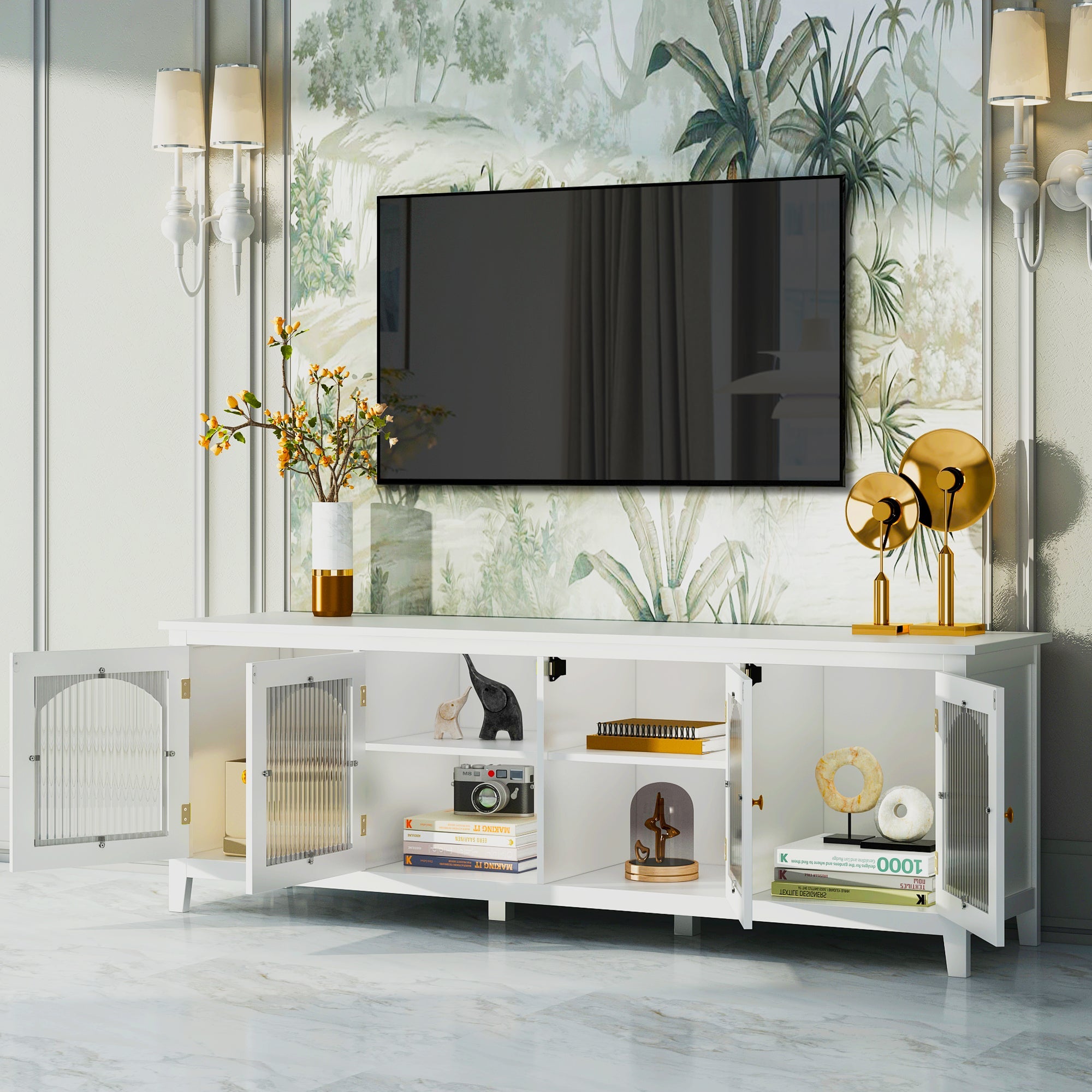 Antique White Stylish TV Cabinet Entertainment Center with Solid Wood Frame and Changhong Glass Door