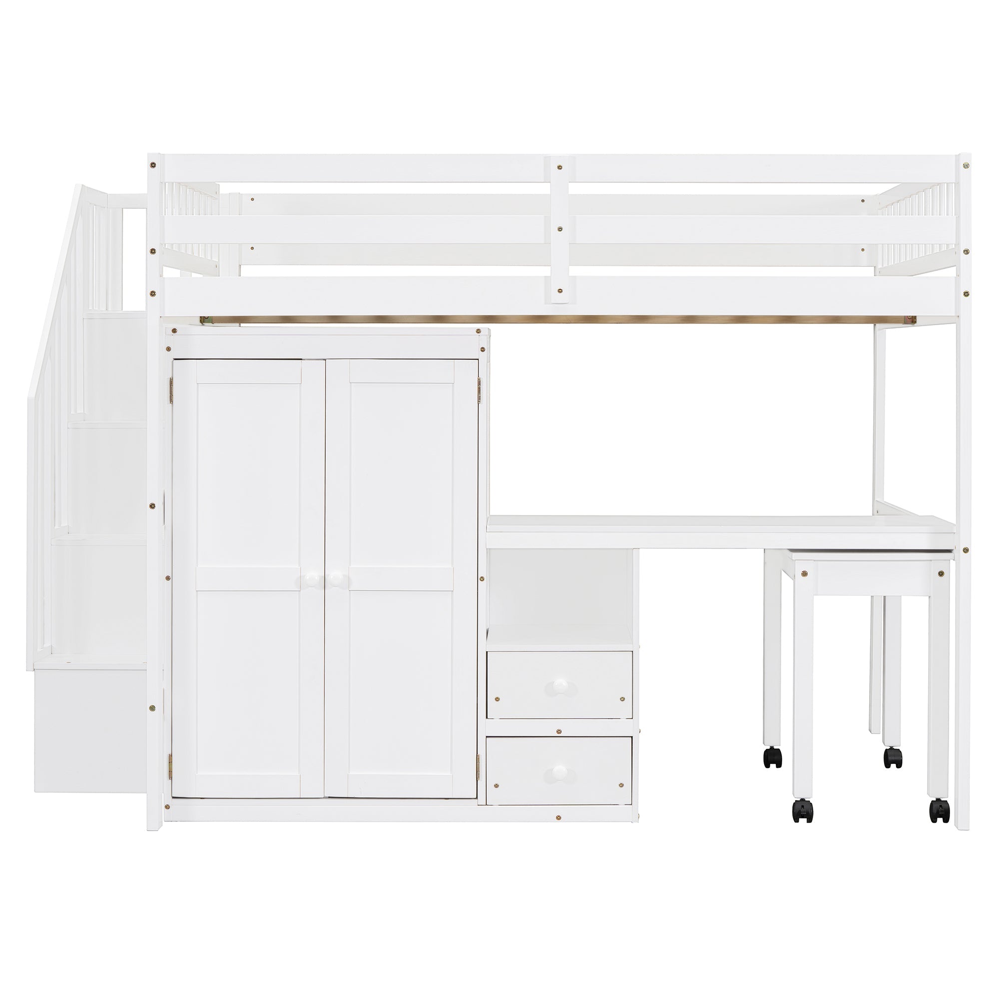 Full Size Loft Bed with Stairs, Bookshelf, Drawers, Desk & Wardrobe – Space-Saving Multifunctional Furniture for Kids & Teens-White