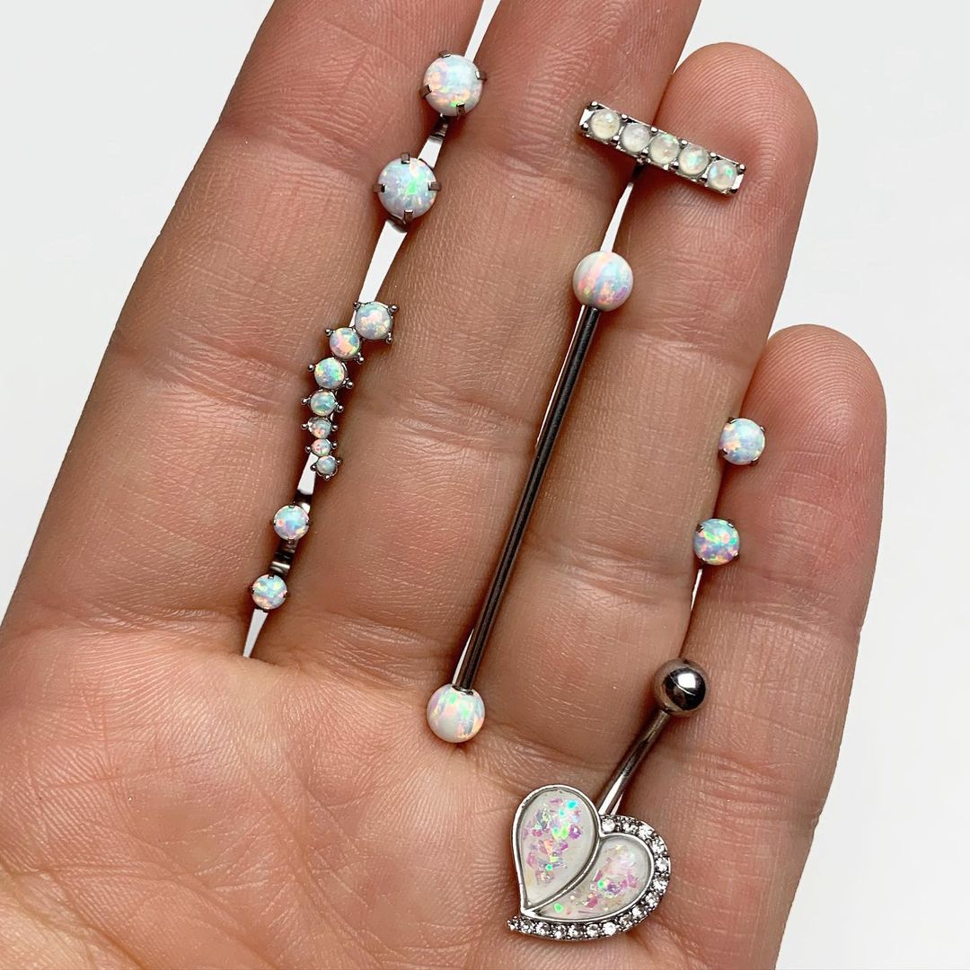 White Synthetic Opal Steel Heptad Right Cartilage Earring