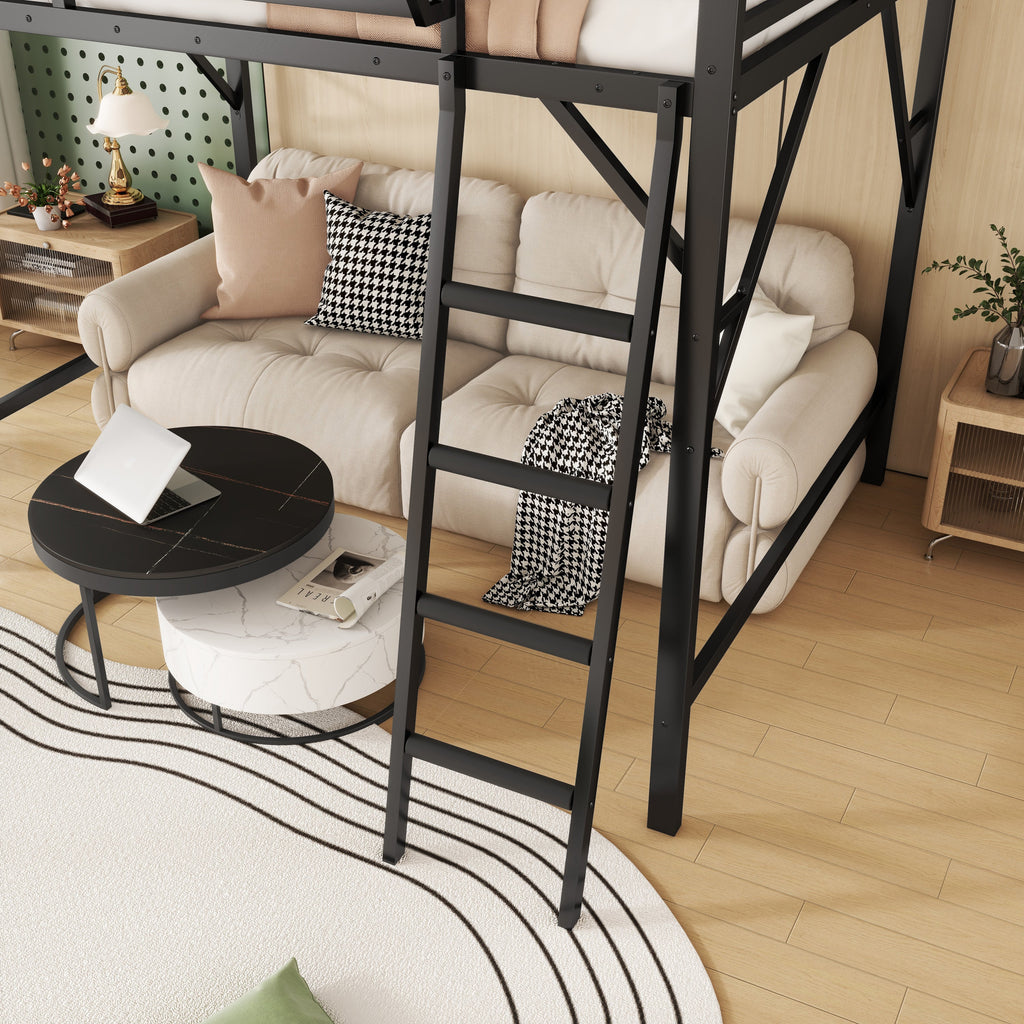 Full Size Loft Bed with Ladder, Metal Full Loft Bed with Storage Shelves, High Loft Bed for Kids Teens, Black(Expect Arrival Date 2025/11/26, Old SKU W2580P353531)