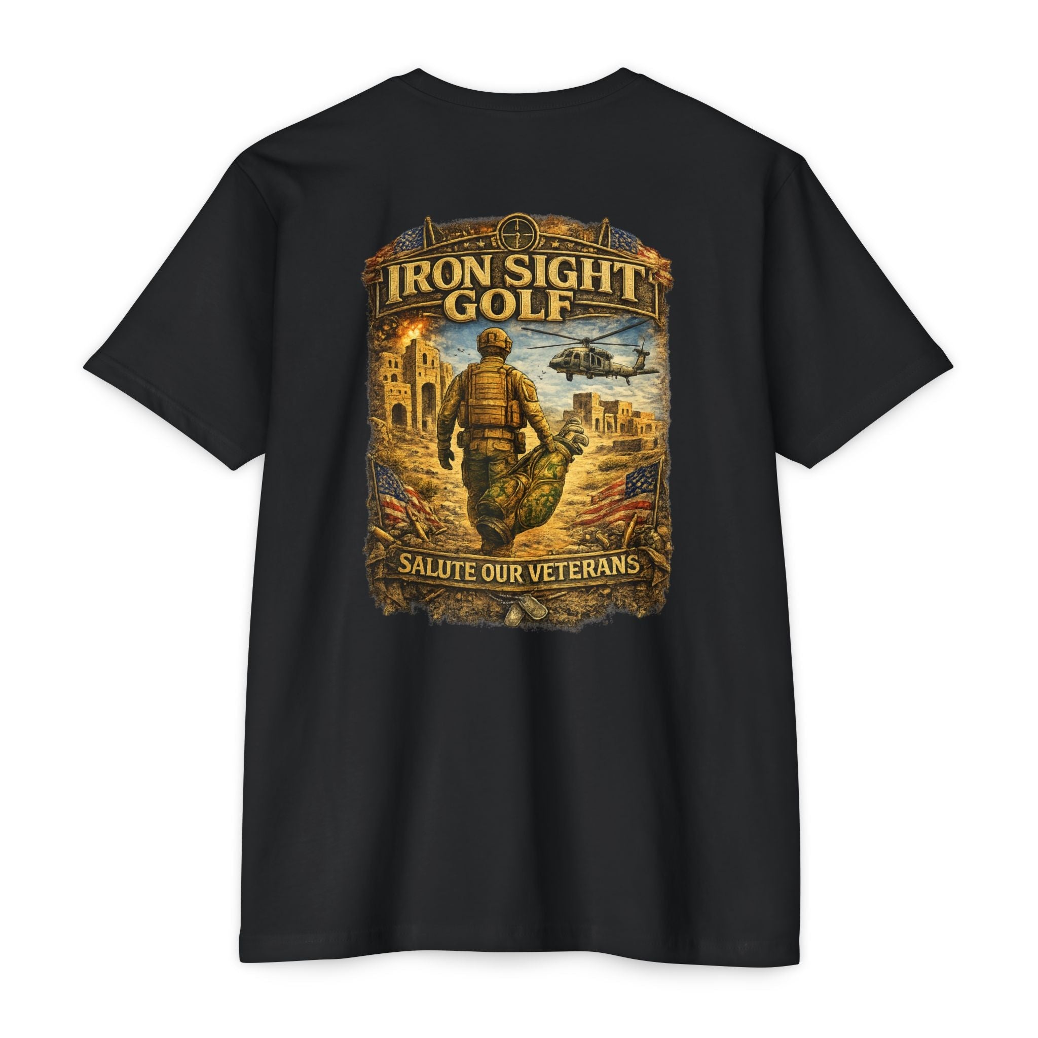 Salute our Veterans Desert Battlefield T-Shirt- Iron Sight Golf