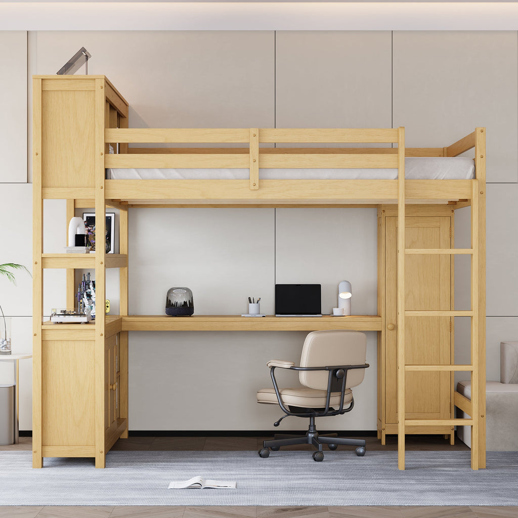 Wood Loft Bed with Cabinet and Bookshelf, Queen Size Loft with Wardrobe and Desk for Kids,Natural