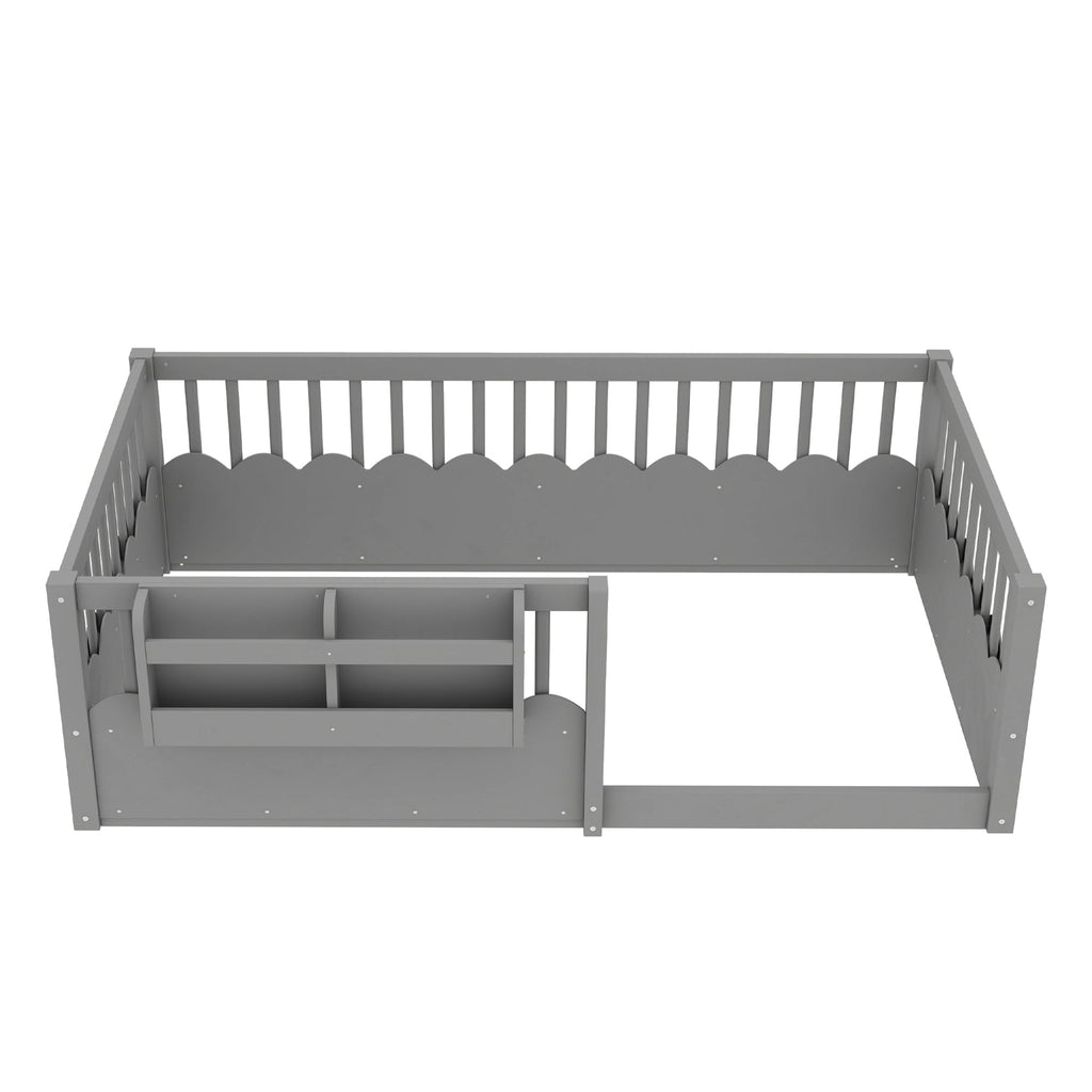 Twin Floor bed with Heightened Fence and bookshelf ,Wood Floor Bed for Kids, Gray.