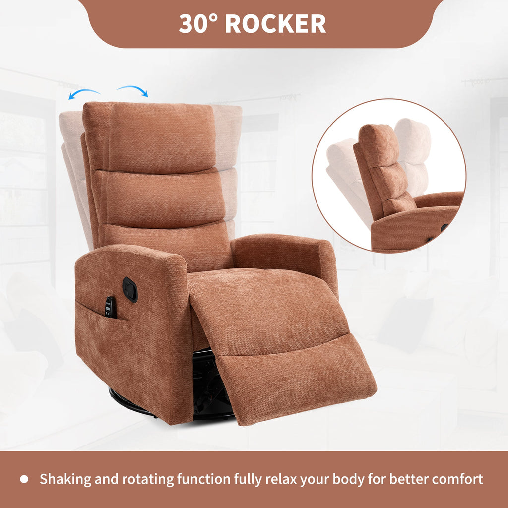 Heat Massage Manual Recliner Chair with Rocker and Swivel in Fabric for Living Room, Orange