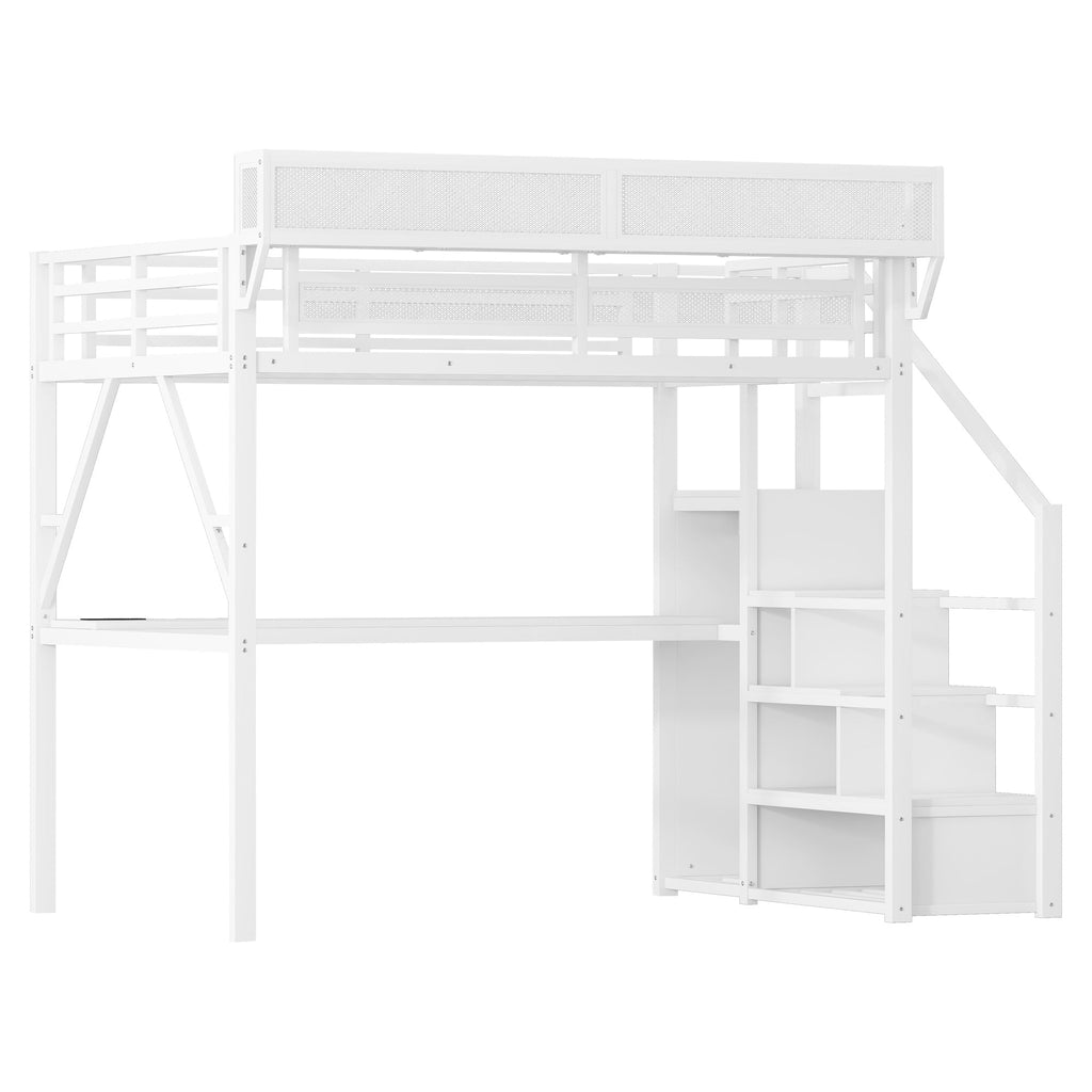 Full Loft Bed with Desk and Charging Station, Full Size Metal Loft Bed with Stairs and Light for Kids Teens,White OLD  SKU W2580S00046