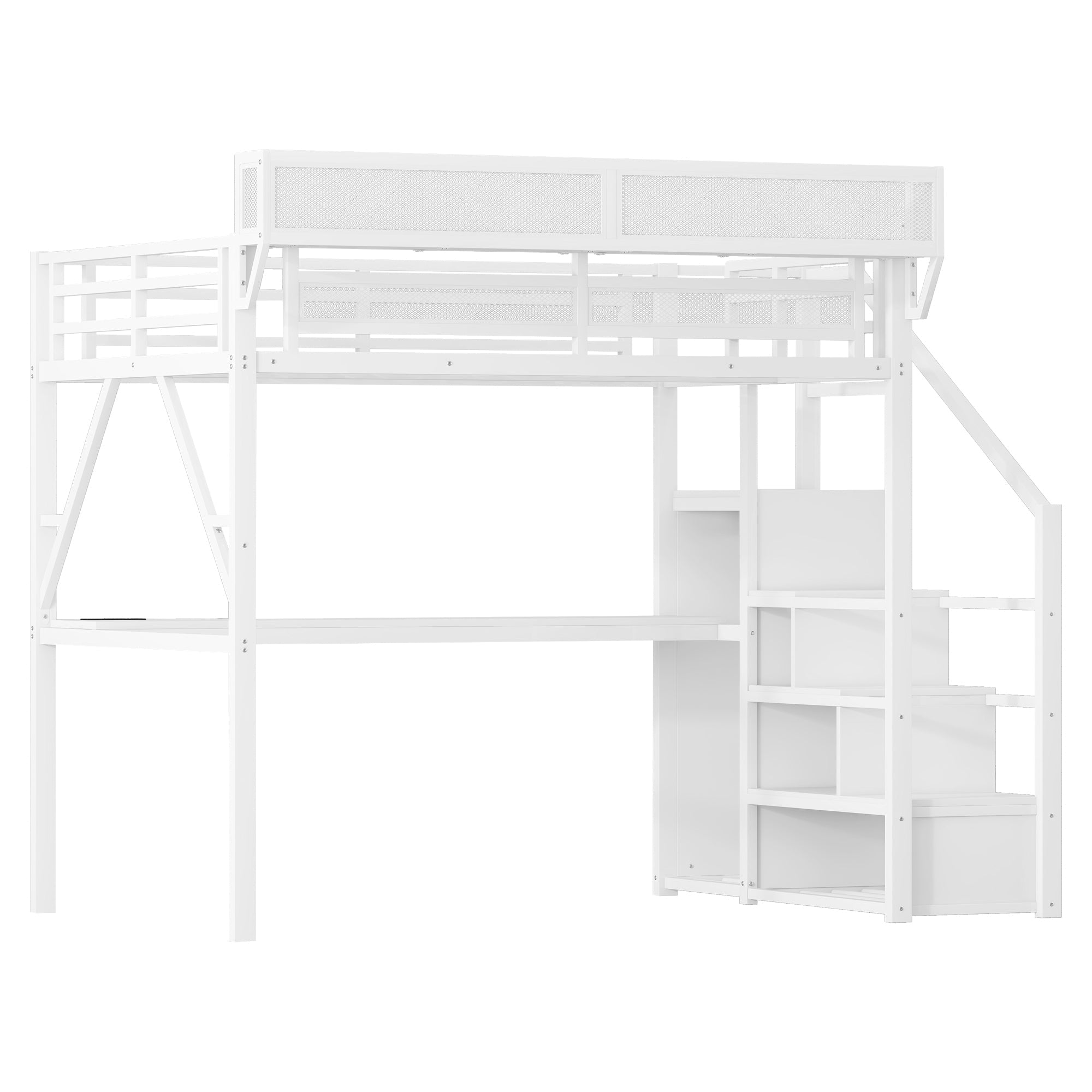 Full Loft Bed with Desk and Charging Station, Full Size Metal Loft Bed with Stairs and Light for Kids Teens,White OLD  SKU W2580S00046