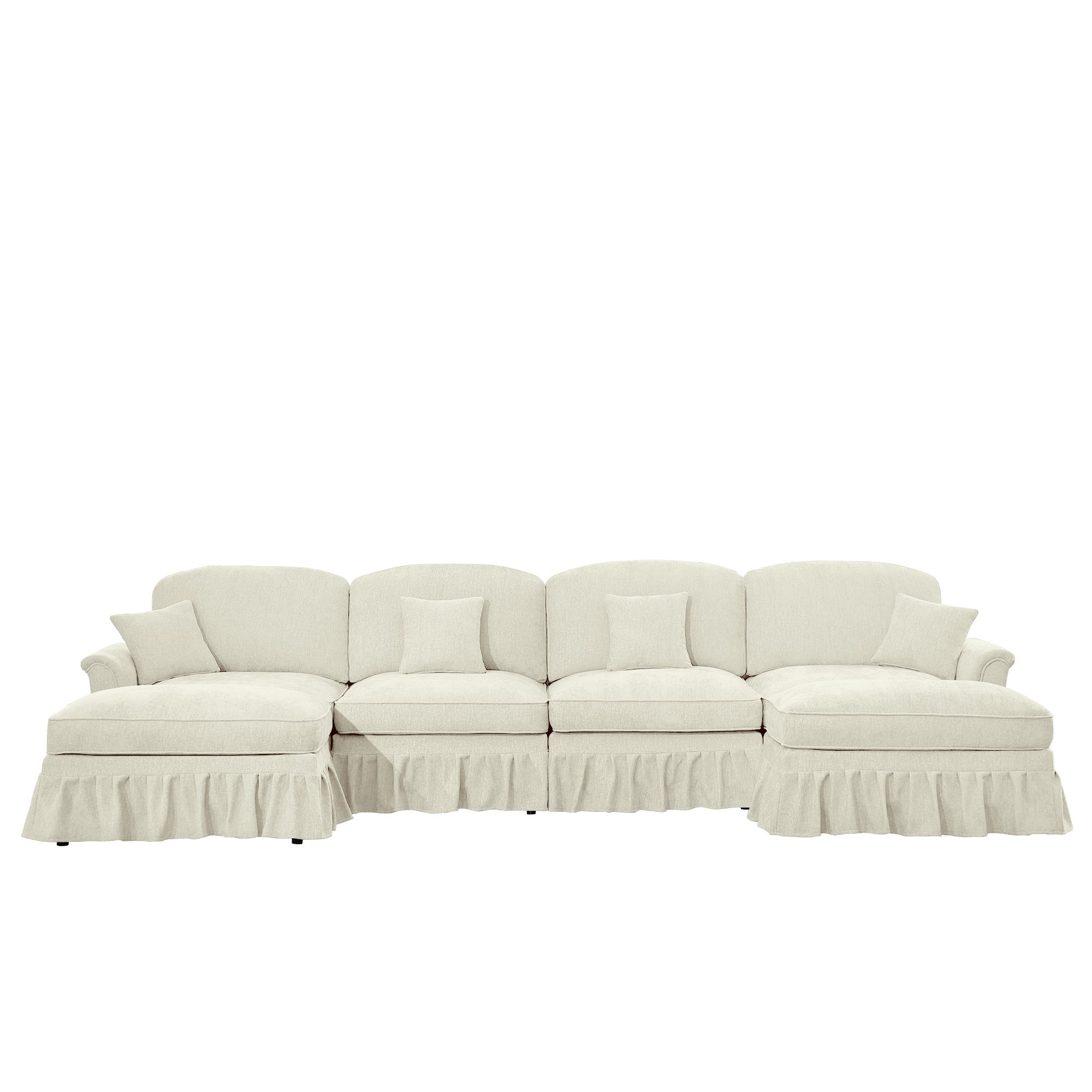 Classic U Shape 4 Seater Modular Sectional Sofa Couch with Flared Arms and Removable Ruffles Pleats Skirts and Spindle Legs, Chenille Deep Seat Cloud Sofa with Movable Ottomans, Beige White