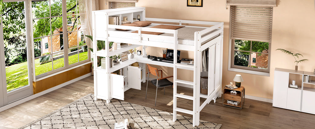 Wood Loft Bed with Cabinet and Bookshelf, Queen Size Loft with Wardrobe and Desk for Kids,White