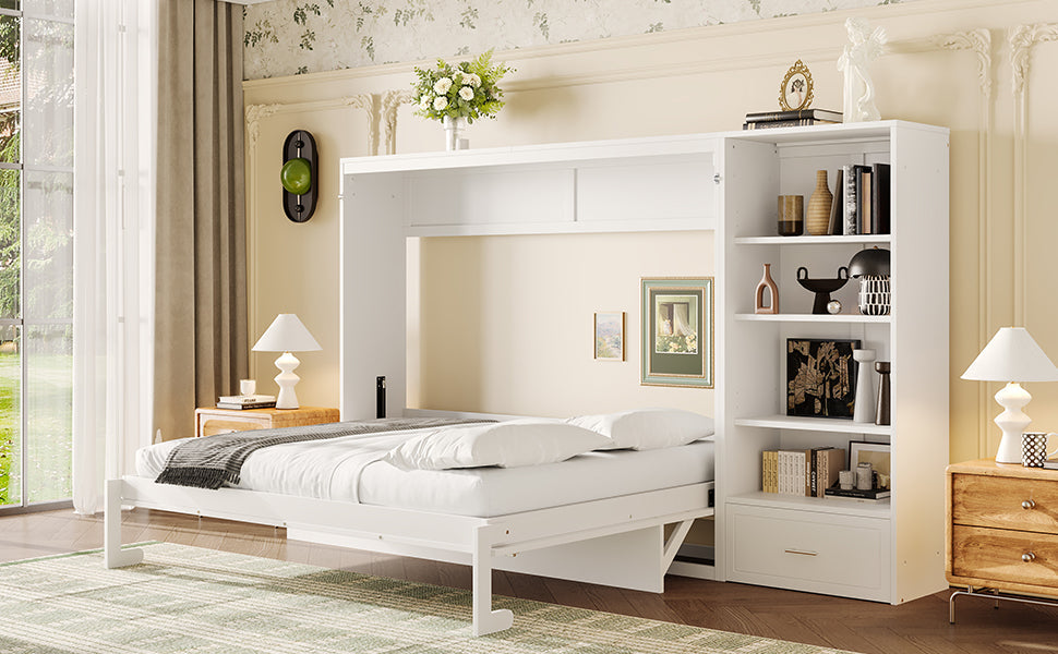 Queen Size Murphy Bed with Height Adjustable Storage Compartments and Shelf, Wall Bed Frame With 1 Drawer, Multifunctional Foldable Platform Bed for Small Space,Bedroom,Guest Room, White