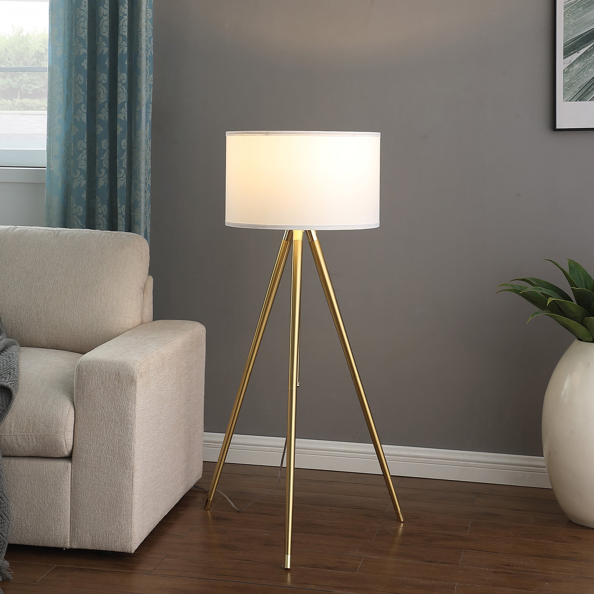 64' - 47'H Adjustable Height Brass/Shiny Gold Modern Tripod Floor Lamp for Living Room, Standing Lamp for Bedroom