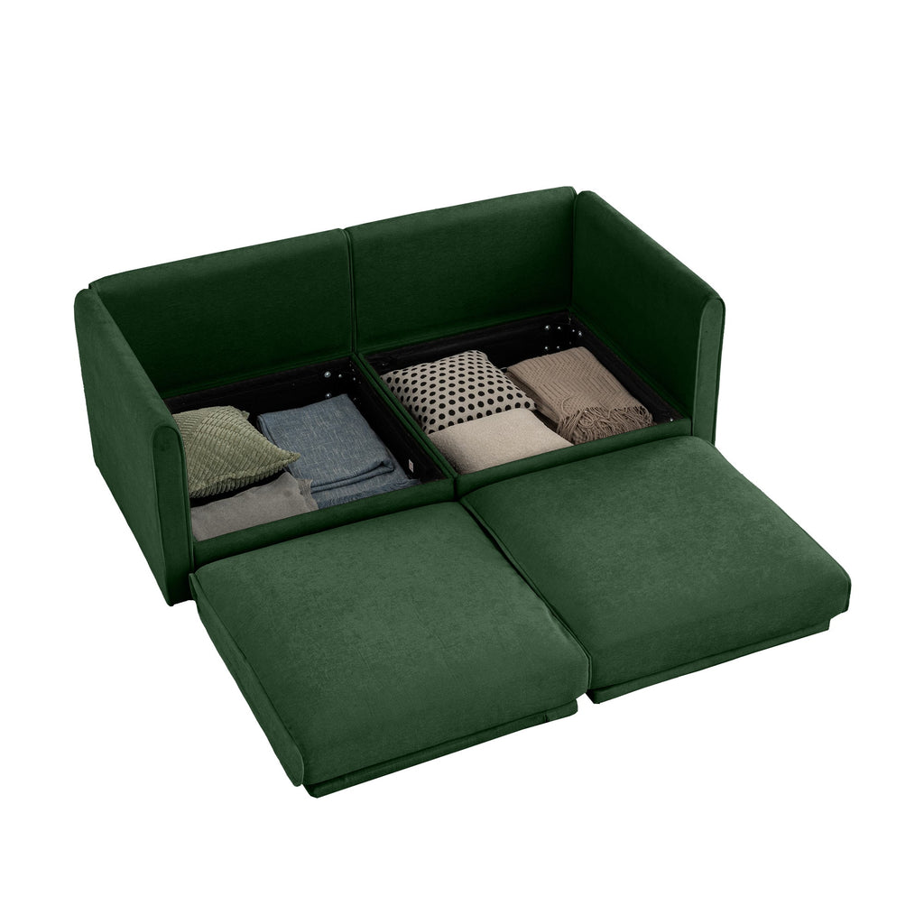 Stylish Green Chenille 2-Seater Sofa with Storage Seat, Cylindrical Backrest and Armrests, Modern Fabric Loveseat Featuring Hidden Storage Space