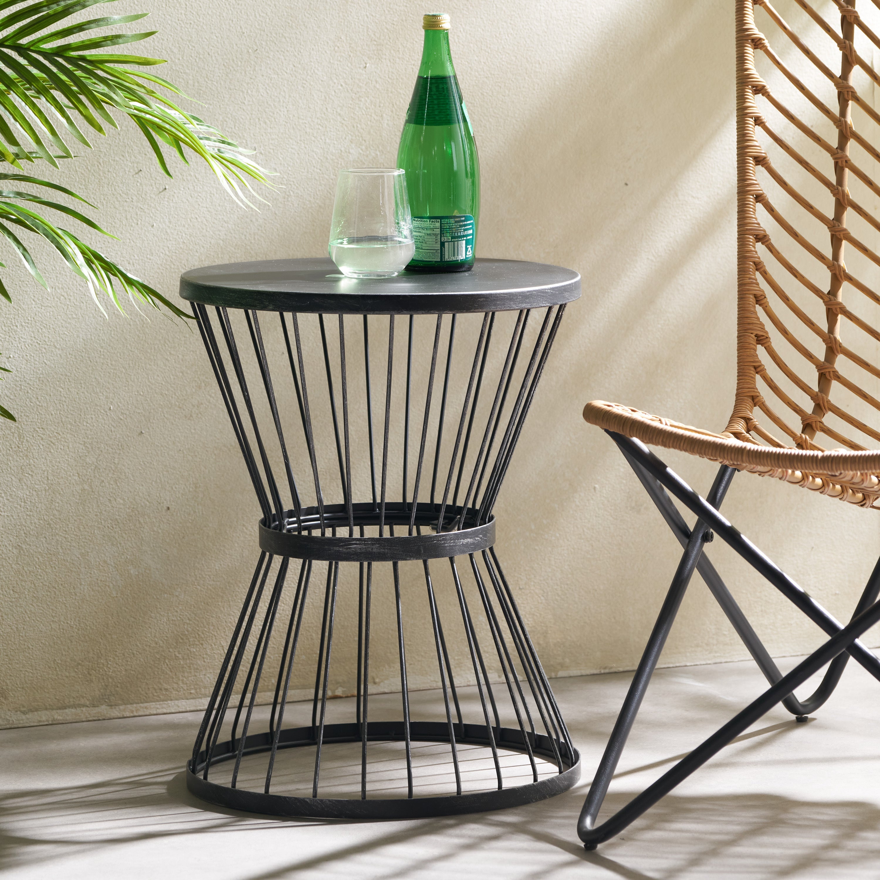 LASSEN Modern Outdoor Side Table with Hourglass Design in Matte Black Iron, 16.25 x 16.25 x 21 inches