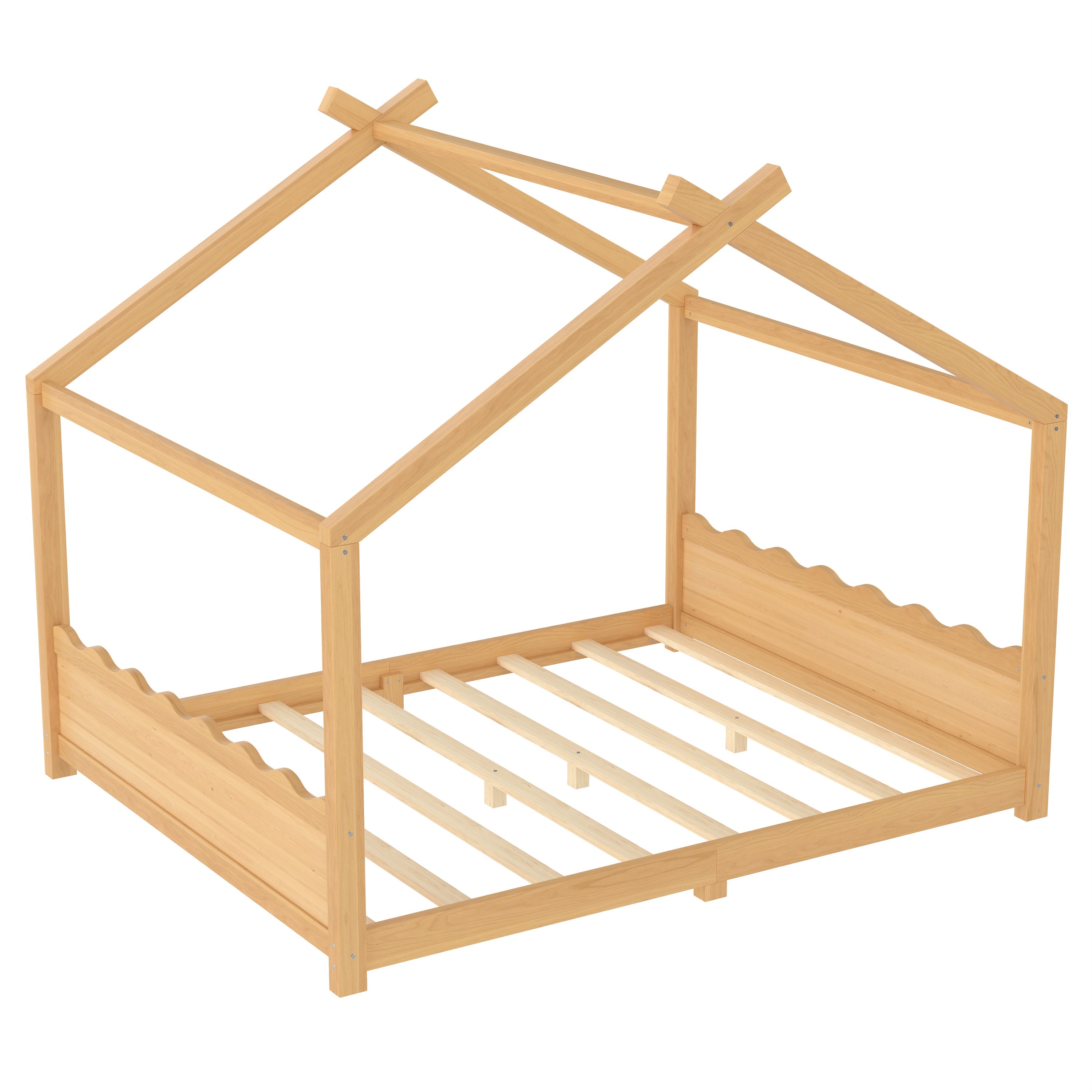 Queen House Floor Bed with Support Slats, Solid Wood House Bed Frame for Kids, No Box Spring Needed and Opening Constructure, Natural