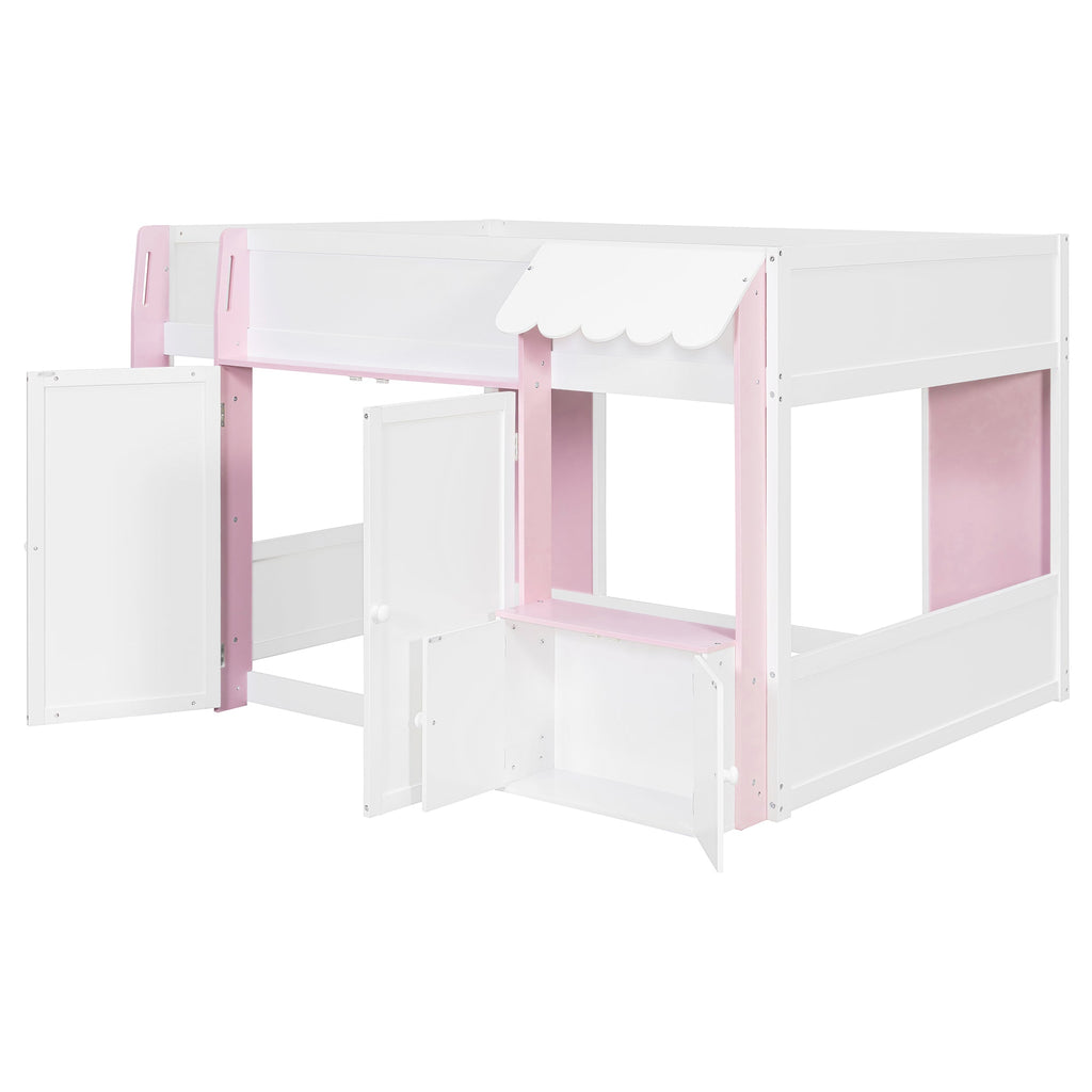 Full Loft House Bed with Playhouse & Storage, Modern Wood Cabin Bed for Kids/Teens, White+Pink