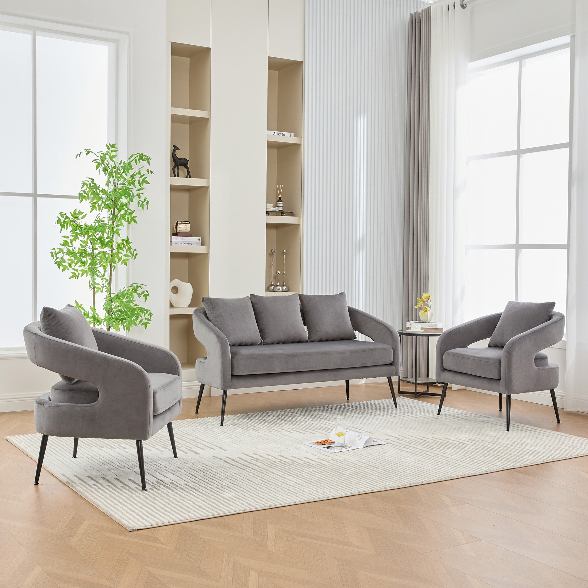Mid Century Modern Velvet 3-Piece Living Room Set with Metal Legs in Charcoal, Loveseat & 2 Accent Chairs, Upholstered in Soft Velvet, Solid Wood Frame, Round Arms, Black Metal Legs