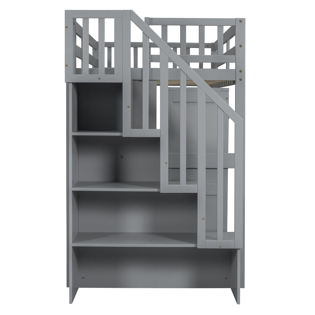 Twin Size Loft Bed with Stairs, Bookshelf, Drawers, Desk & Wardrobe – Space-Saving Multifunctional Furniture for Kids & Teens-Gray
