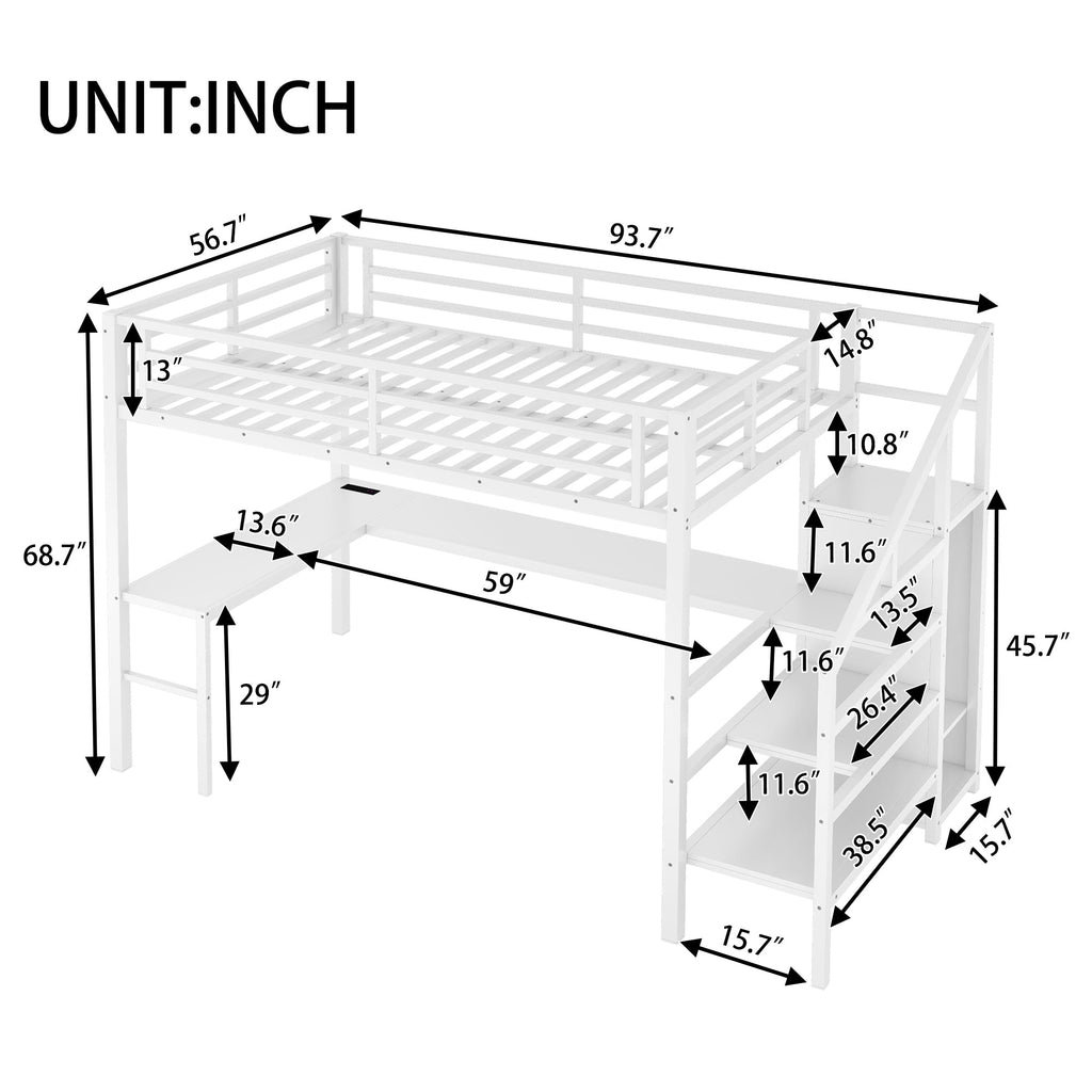 Full Size Loft Bed with L-shaped Desk and USB, Metal Loft Bed with Wardrobe and Adjustable Shelf, High Loft Bed with LED for Kids Teens Adults, White