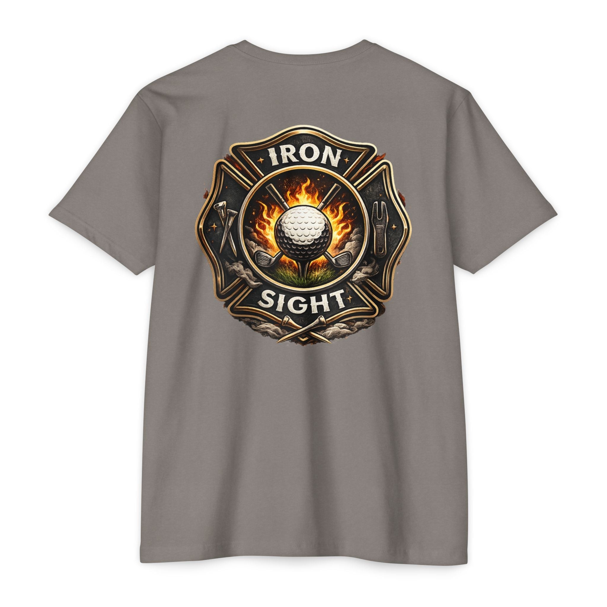 Iron Sight Golf T‑Shirt — Vintage Fire Fighter Golfing Crew Tee
