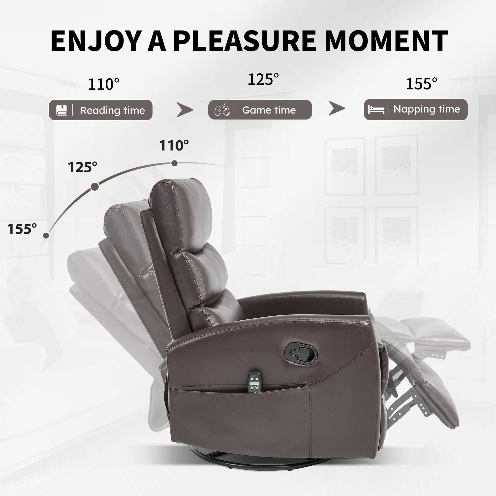 Heat Massage Manual Recliner Chair with Rocker and Swivel in Fabric for Living Room, Brown