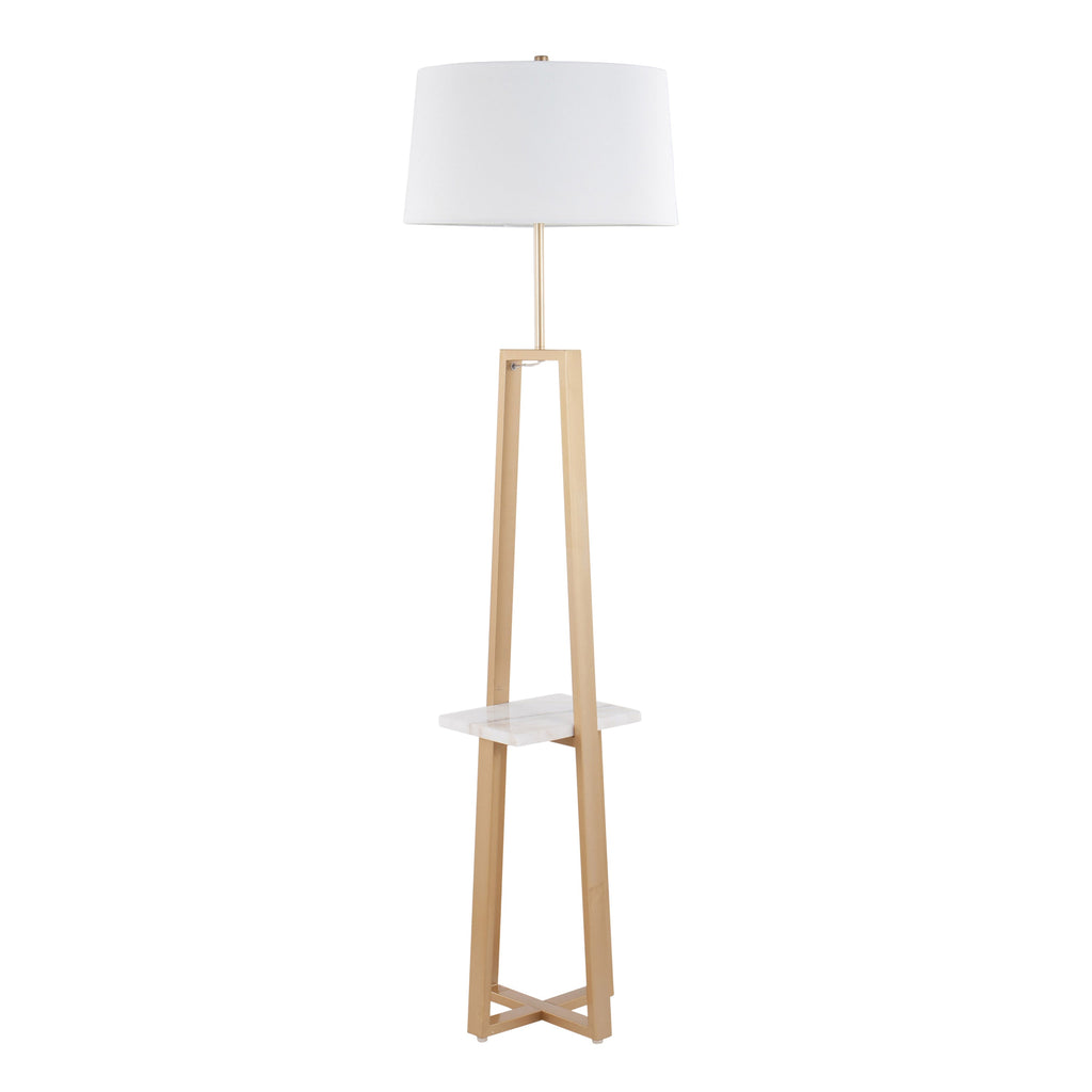 Cosmo Shelf Contemporary/Glam Floor Lamp in White Marble and Gold Metal with White Linen Shade by LumiSource
