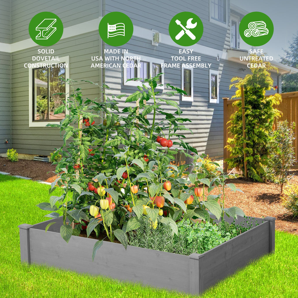 Outdoor Raised Garden Bed 48x48x10'', Tool-Free Assembly, Gray Solid Wood Planter Box