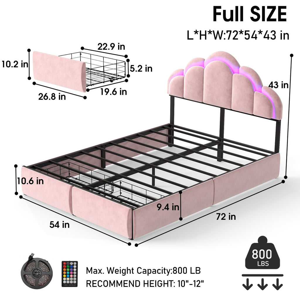 RGB LED Velvet Upholstered Platform Bed with Petal Headboard and Storage Drawers for Kids Bedroom in Pink, Wood+Metal Construction