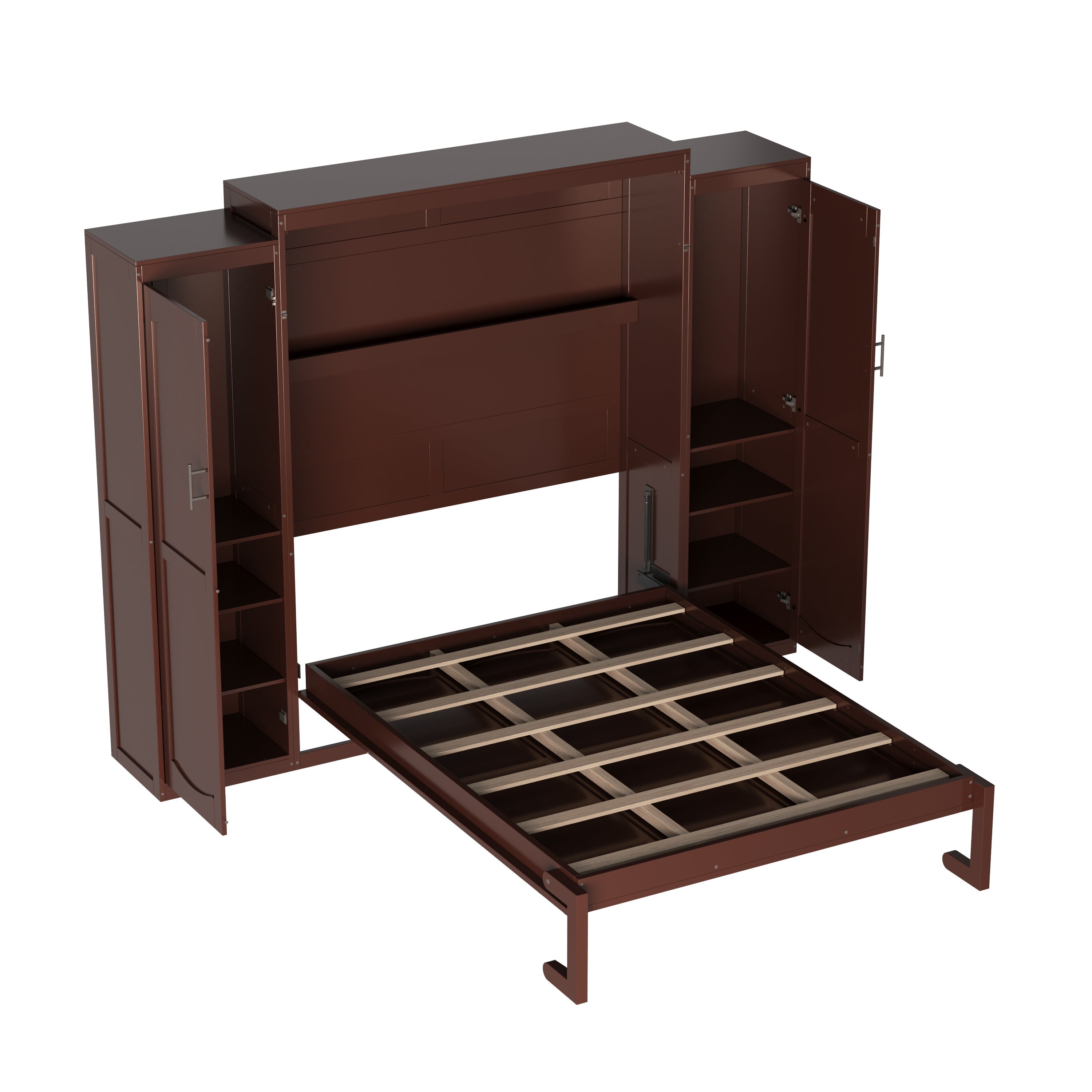 Full Size Murphy Bed, Wooden Full Wall Bed with 2 Wardrobe and Storage Shelf, Multifunctional Foldable Platform Bedframe for Guest-Room, Bedroom, Walnut