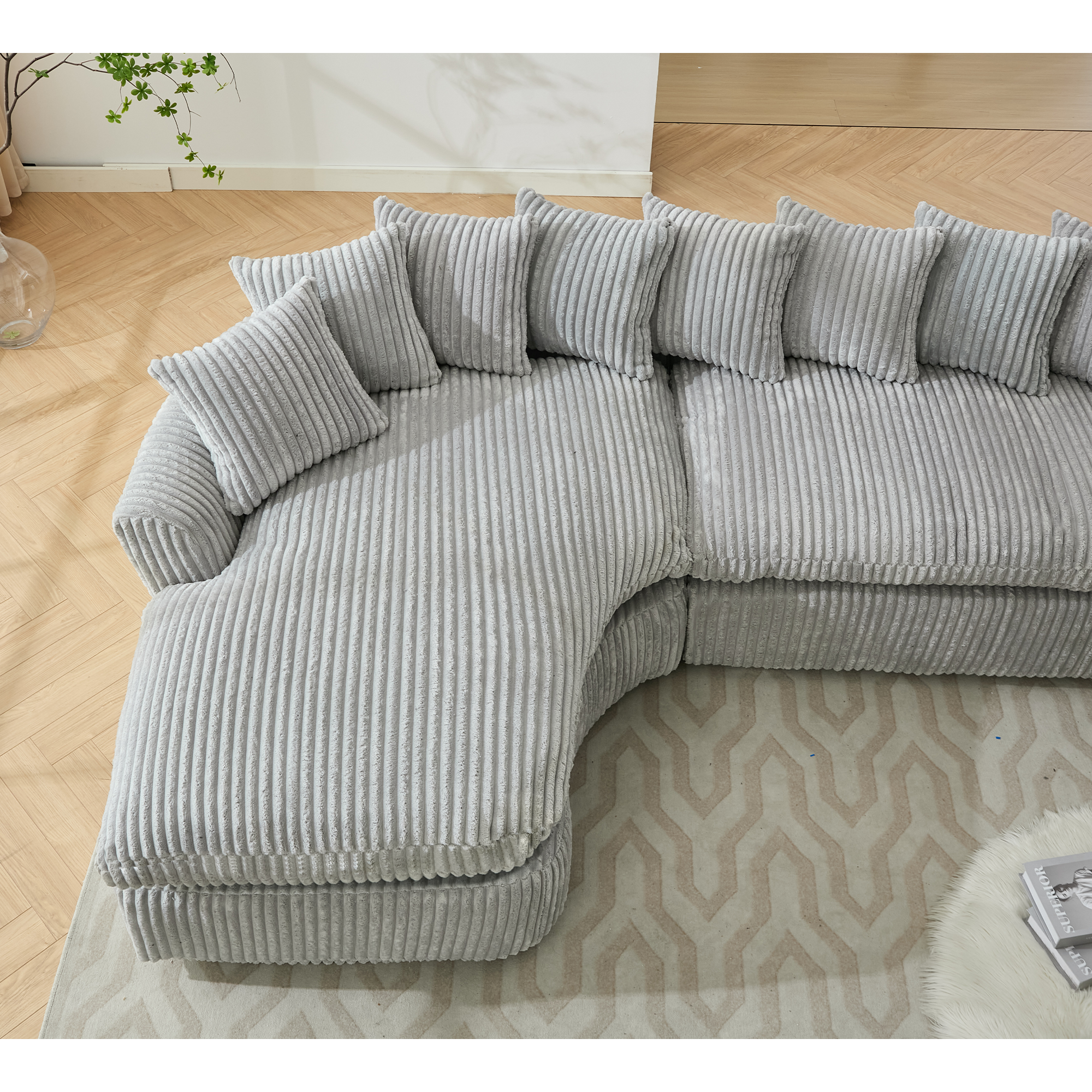 127''  Large Sectional Sofa ,Elegant Curved Design ,High-Resilience Foam ,Ten Back Cushions,L-Shape Left Sofa,No Assembly  Required , (Gray-Soft Corduroy Fabric)