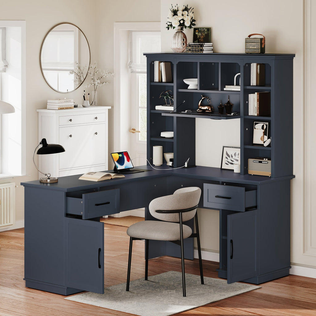 L-Shaped Computer Desk with 2 Cabinets and 2 Drawers, 11 Open Shelves, with Power Outlet, for Study, Living Room and Office, Antique Blue