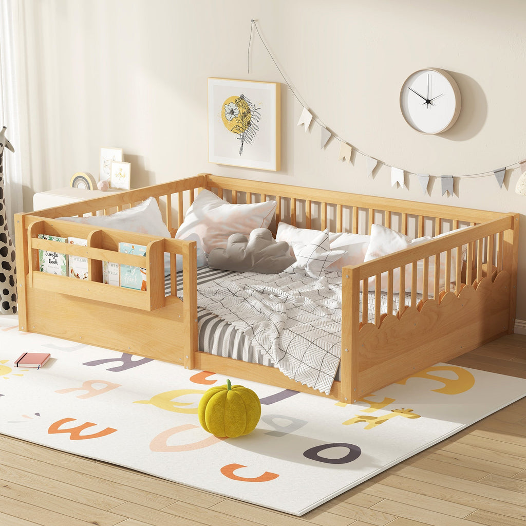 Full Floor bed with Heightened Fence and bookshelf ,Wood Floor Bed for Kids,Natural.