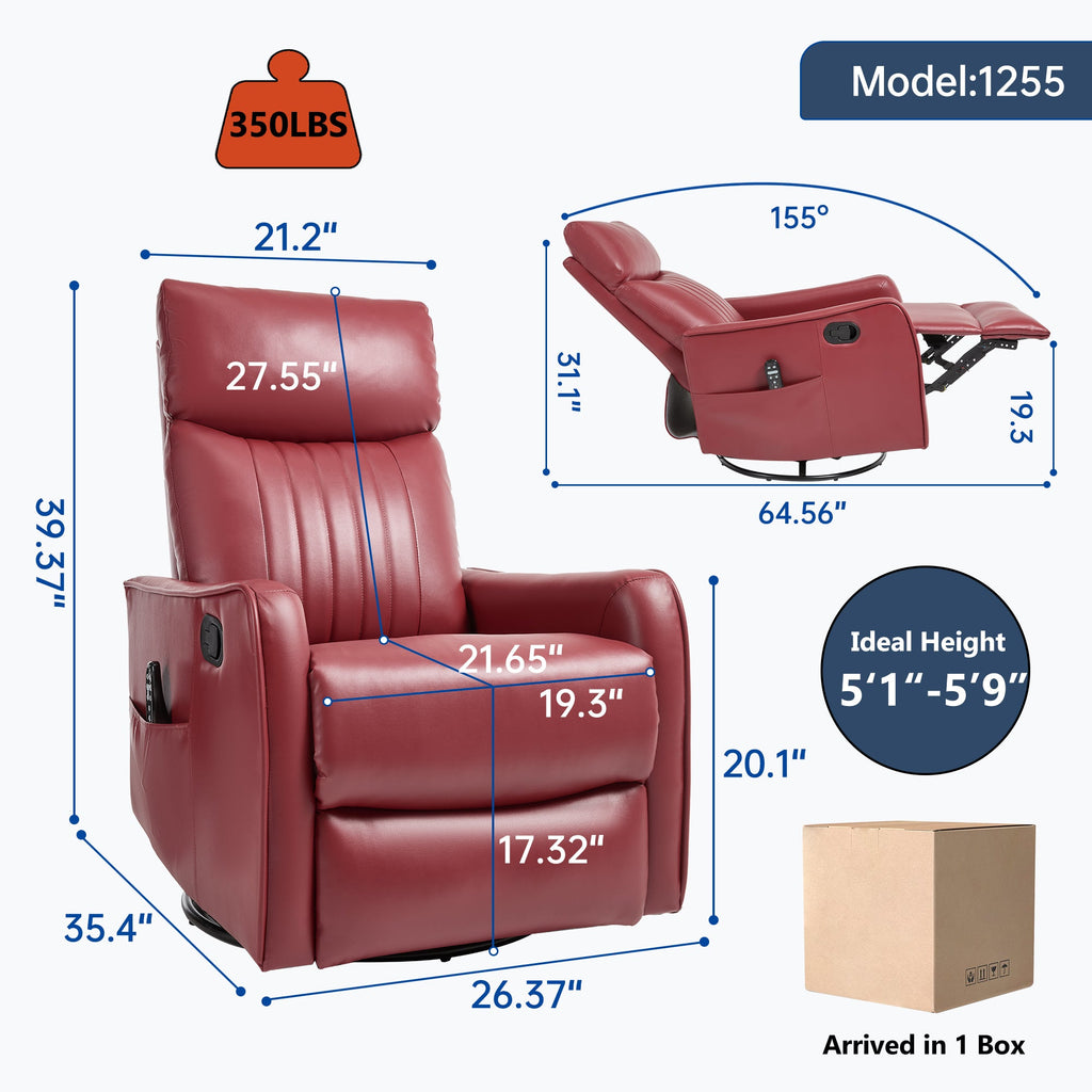 Red Faux Leather Heat Massage Manual Recliner Chair with Rocker and Swivel for Living Room