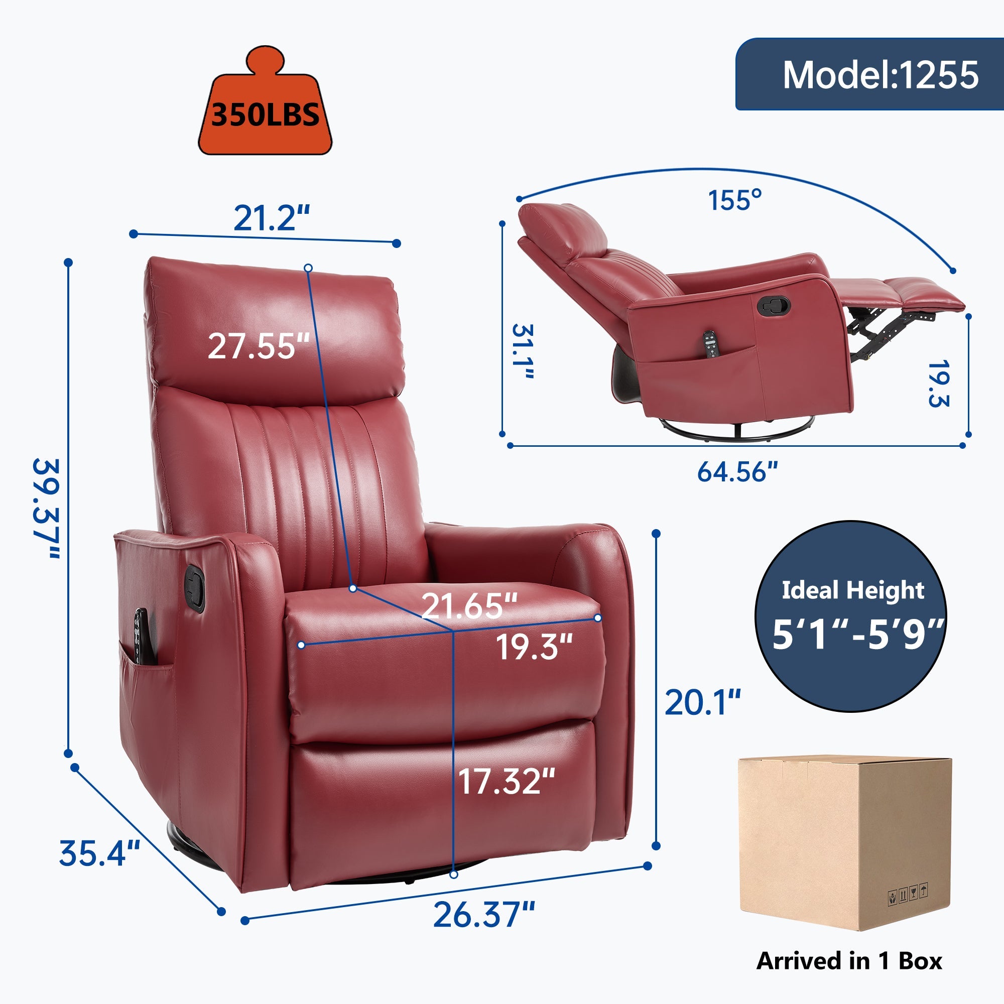 Red Faux Leather Heat Massage Manual Recliner Chair with Rocker and Swivel for Living Room