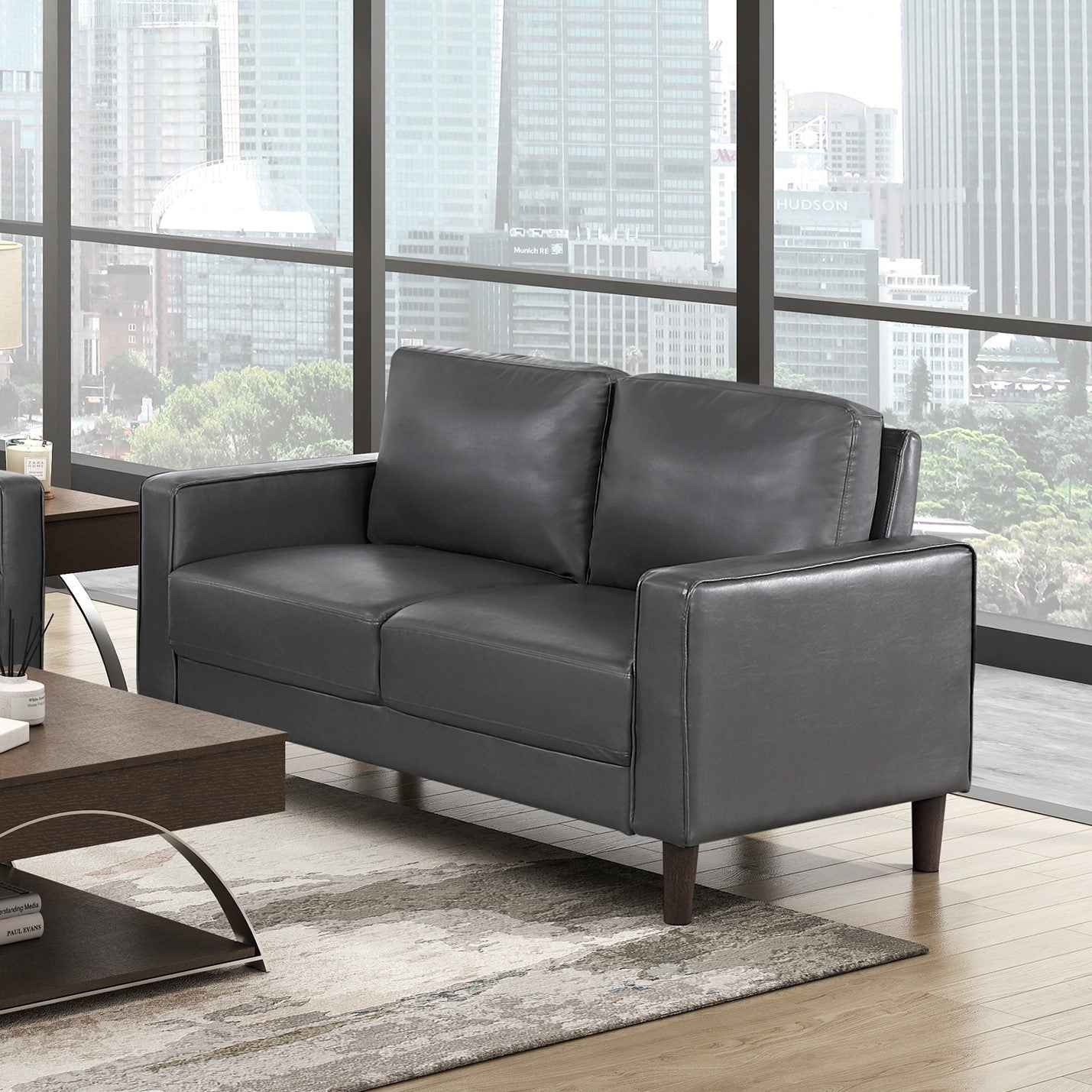 Modern Living Room Furniture 2pc Set Sofa Loveseat Dark Gray Faux Leather Upholstered Cushion Back Seat Solid Wood