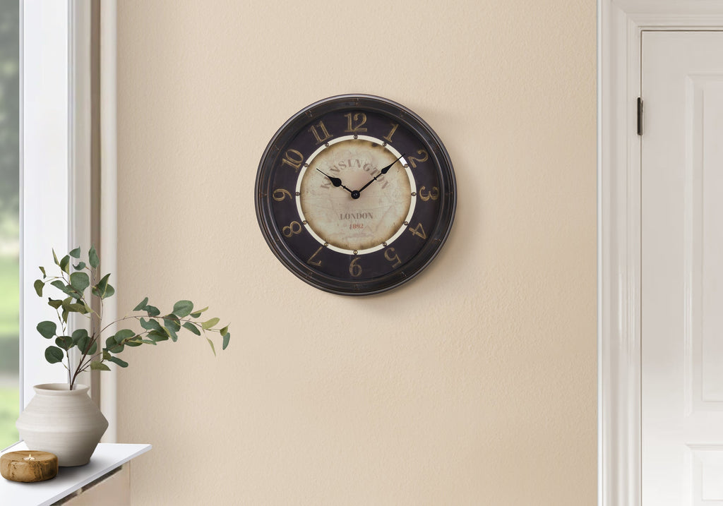 Clocks, 16' Round, Wall Clock, Antique Brown, Transitional
